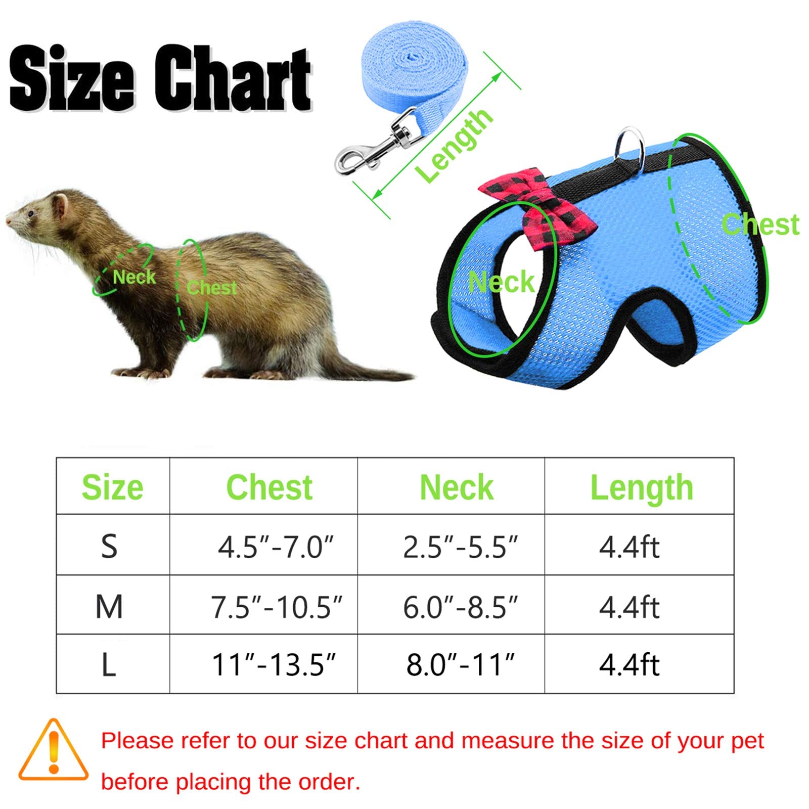 Rypet Small Animal Harness And Leash - Soft Mesh Small Pet Harness With Safe Bell, No Pull Comfort Padded Vest For Small Pet Blue M