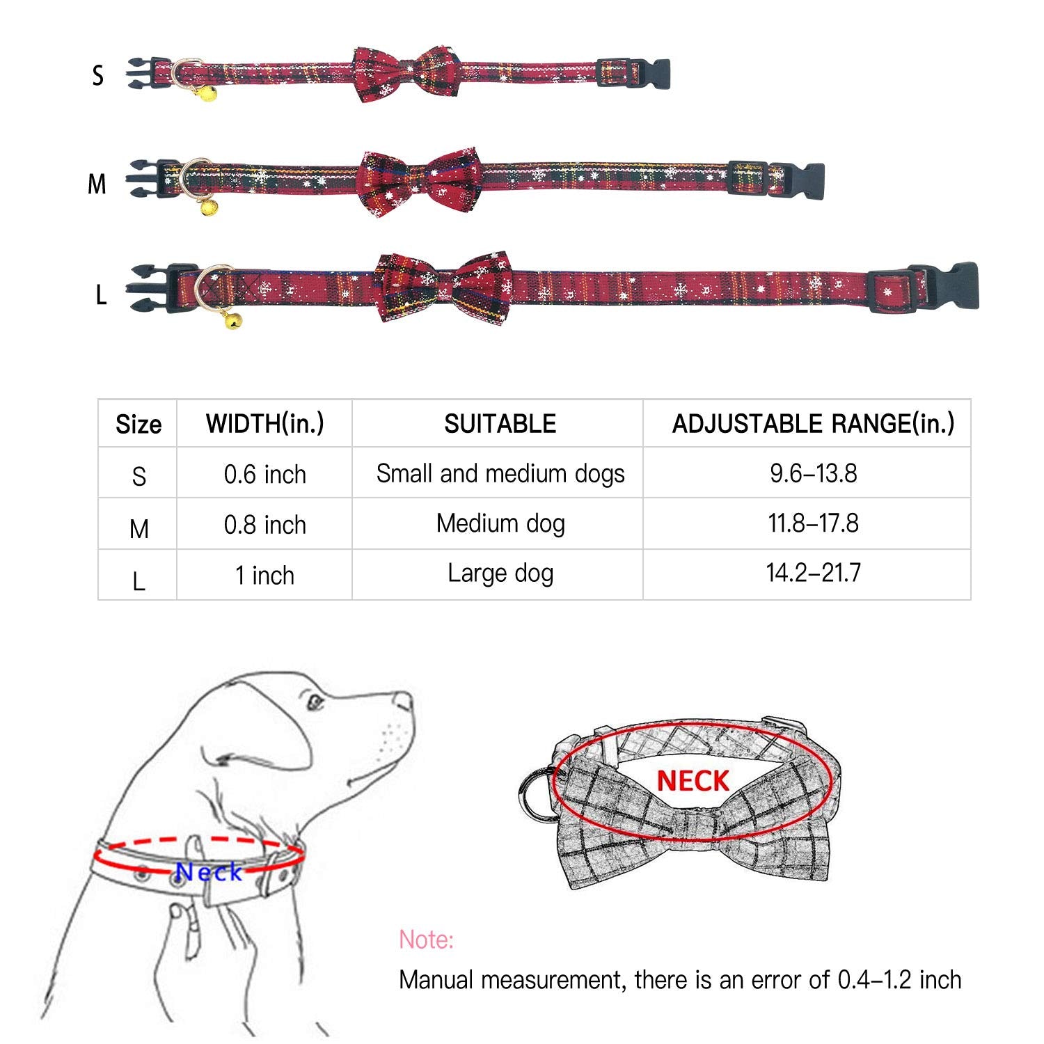 Kudes 2 Pack/Set Christmas Snowflake Dog Collars Breakaway With Bow Tie And Bells For Cat And Small/Medium/Large Pets, Red & Gre