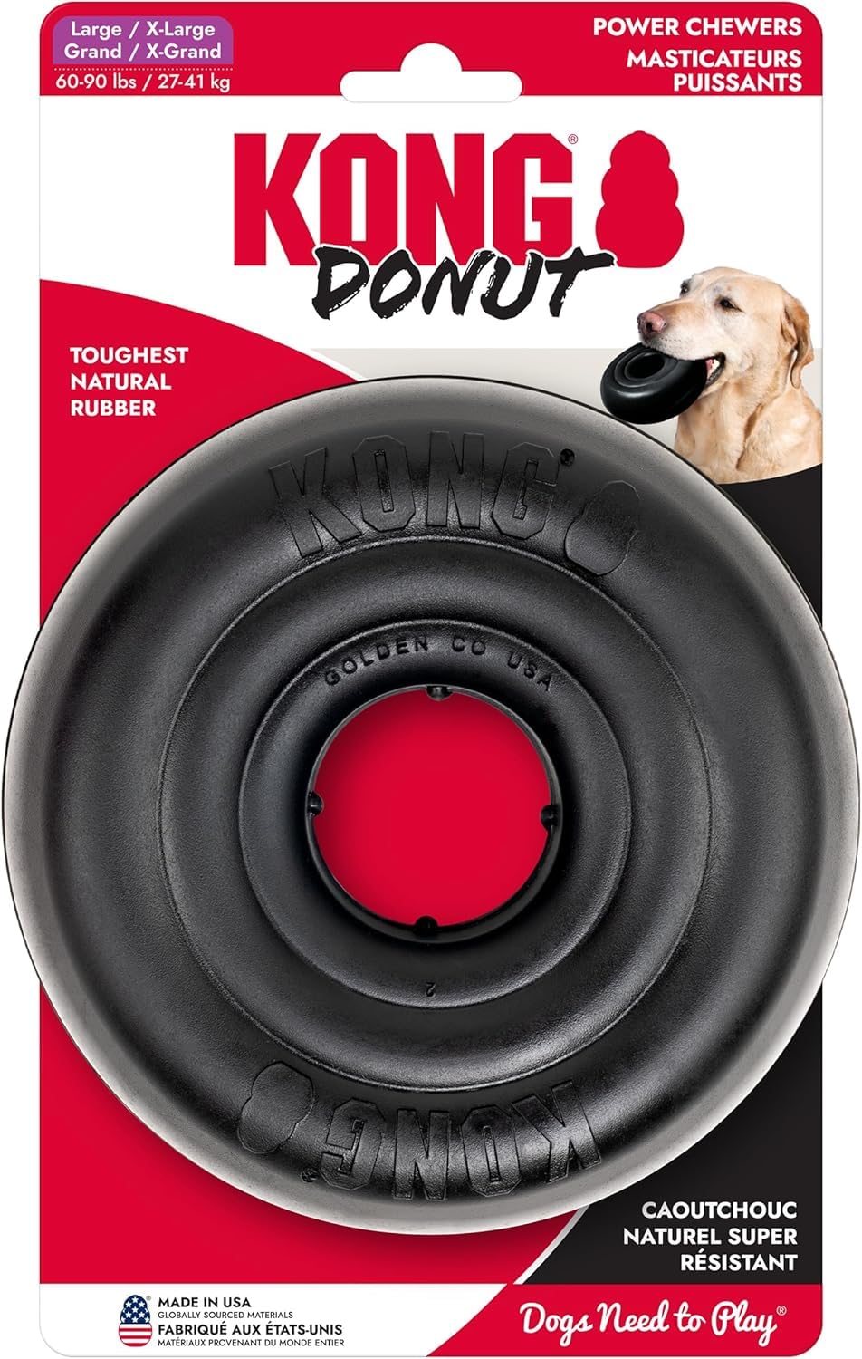 KONG Extreme Donut Dog Toy - Toughest Durable Natural Rubber Chew Toy for Power Chewers - Safe on Teeth & Gums, Fun Bounce & Rol