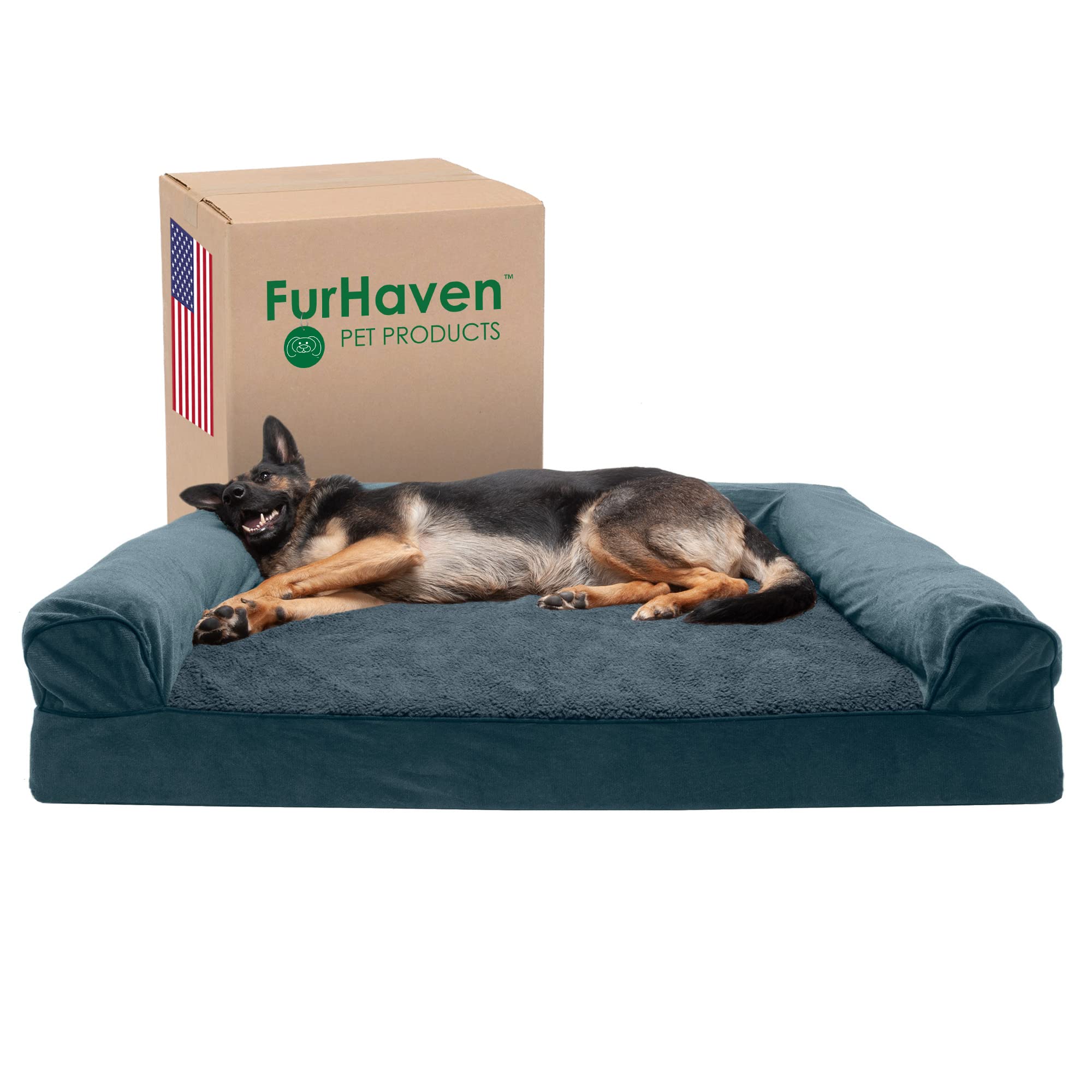 Furhaven Cooling Gel Dog Bed for Large Dogs w/ Removable Bolsters & Washable Cover, For Dogs Up to 125 lbs - Sherpa & Chenille S