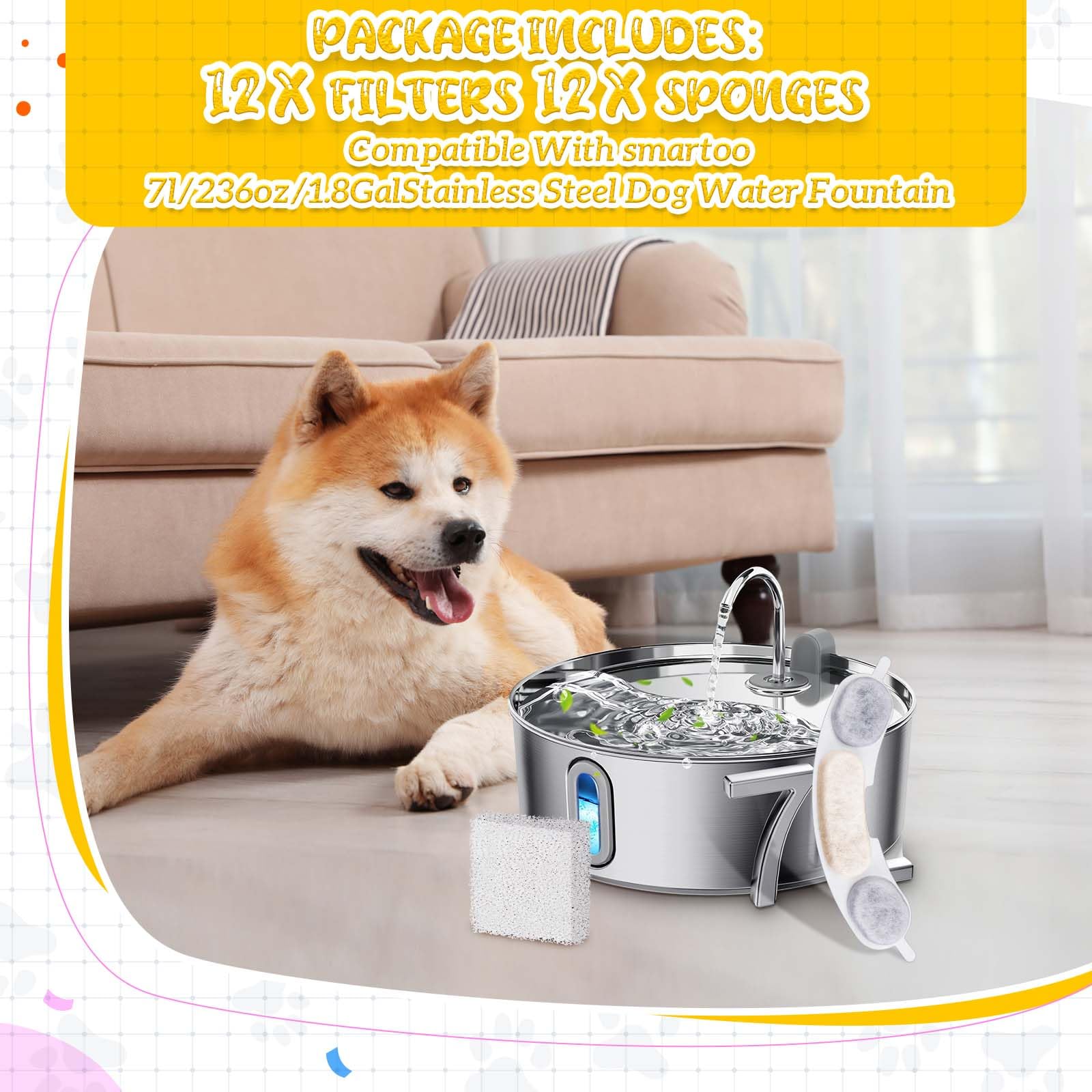 12+12 Packs Dog Water Bowl Filter Replacement Including 12 Filters And 12 Sponges, Filter Replacement Compatible With Smartoo 23