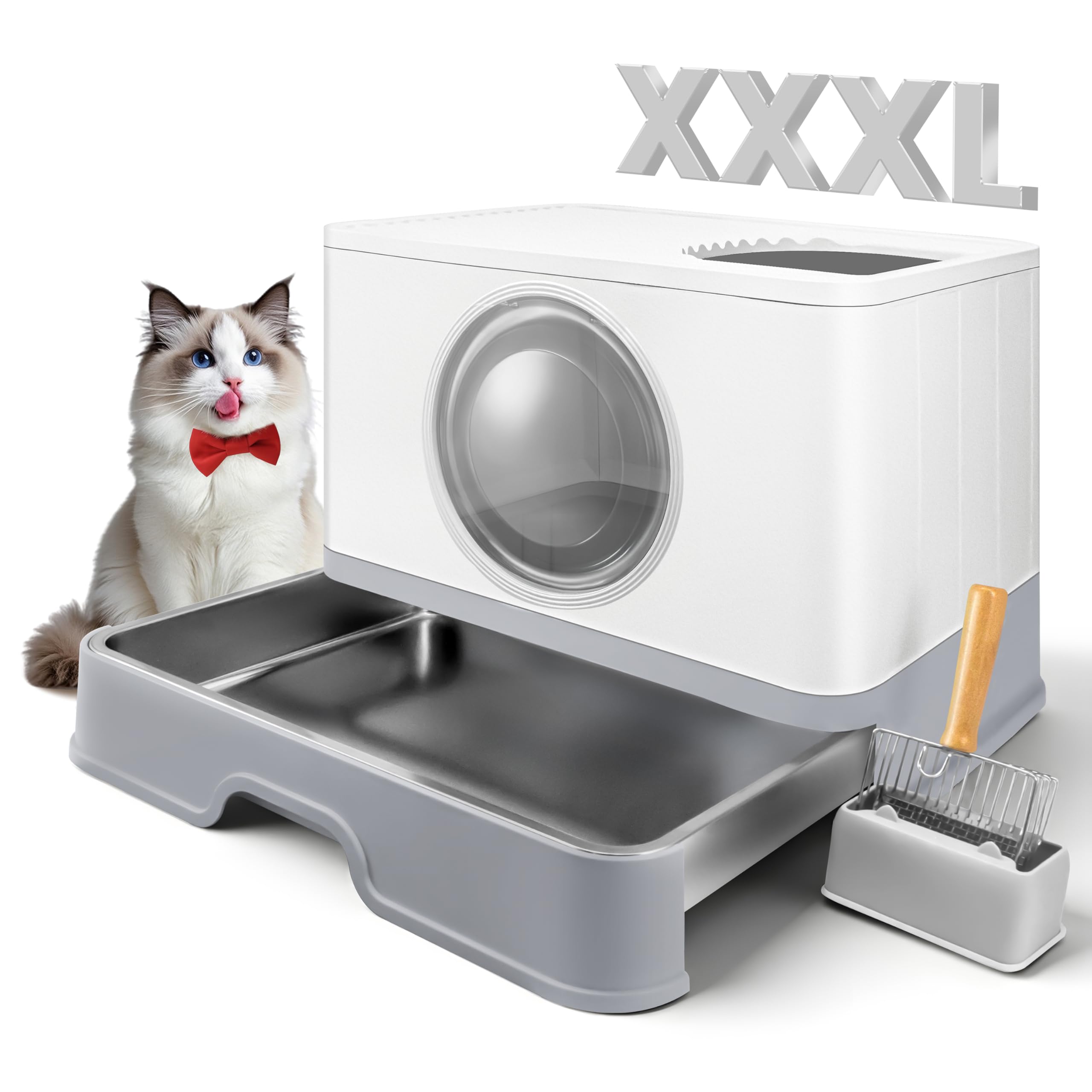 XXXL Stainless Steel Litter Box with Lid, Front Entry Top Exit, Extra Large Metal Cat Litter Box with Drawer, Maine Coon Cats, w