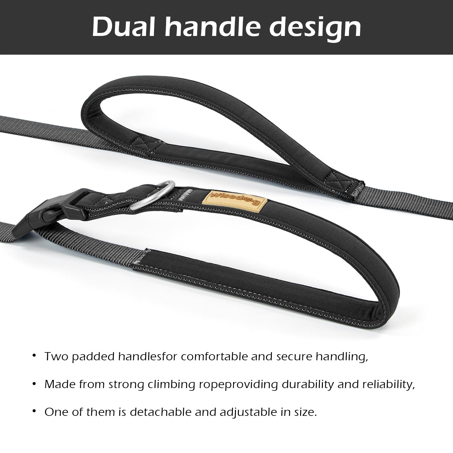 Wisedog 9.5 Ft Hands Free Dog Leash, Comfort And Safety Padded Handle & Heavy Duty Metal Clasp - Two Handle Dog Leash Adjustable