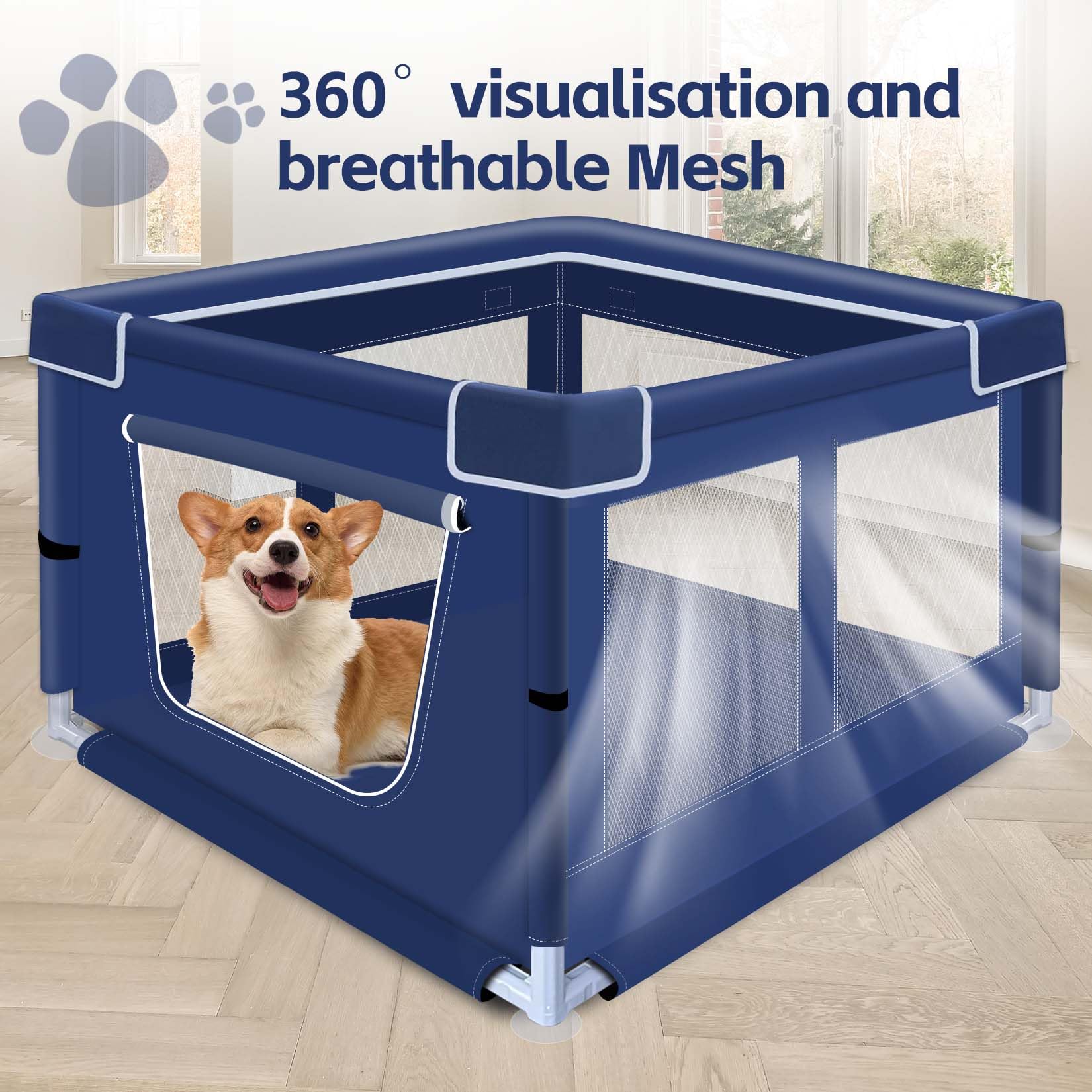 42X42X25.6 Inches Dog Playpen, Foldable Portable Soft Puppy Playpen With Gate, Thickened Fabric Mesh Dog Fence With High-Strengt