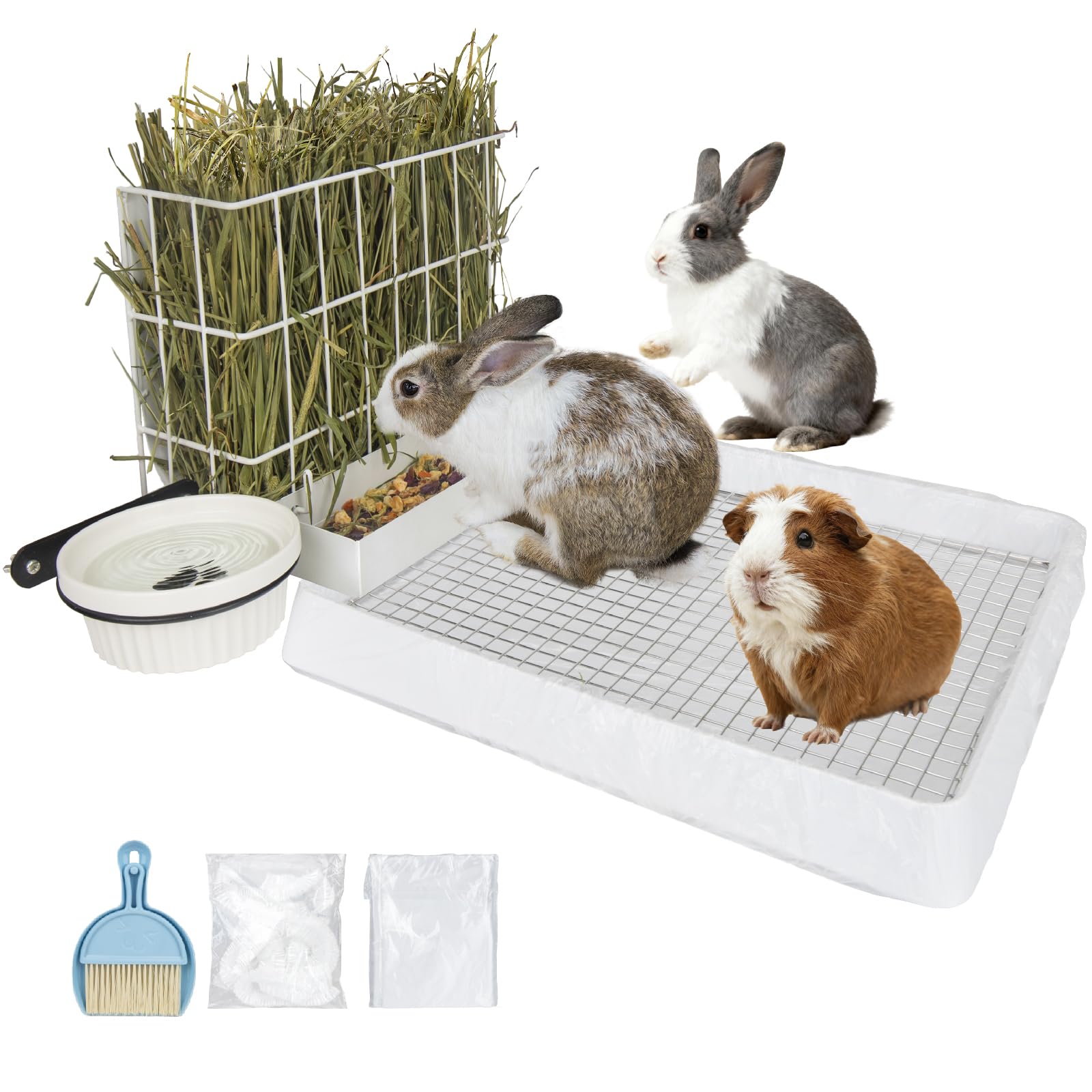BESNEW 3 in 1 Rabbit Hay Feeder with Litter Box,Upgraded Metal Hay Rack & Litter Tray & Water Bowl,Quick Cleaning,Easy to Instal