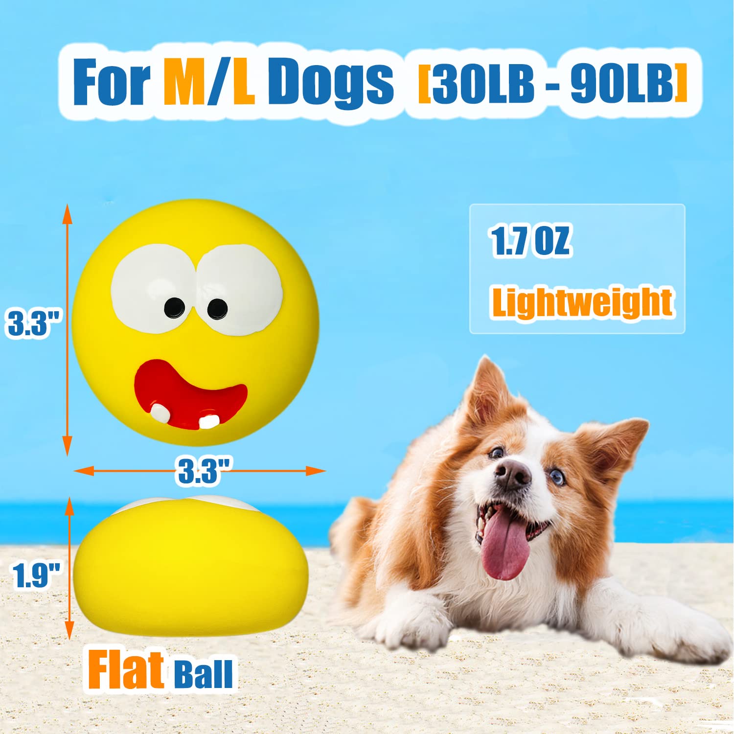 HOLYSTEED Squeaky Dog Toys for Medium & Large Breeds, Stuffed Latex Balls, Yellow, 2pcs Puppy Flat Ball with Smile Face