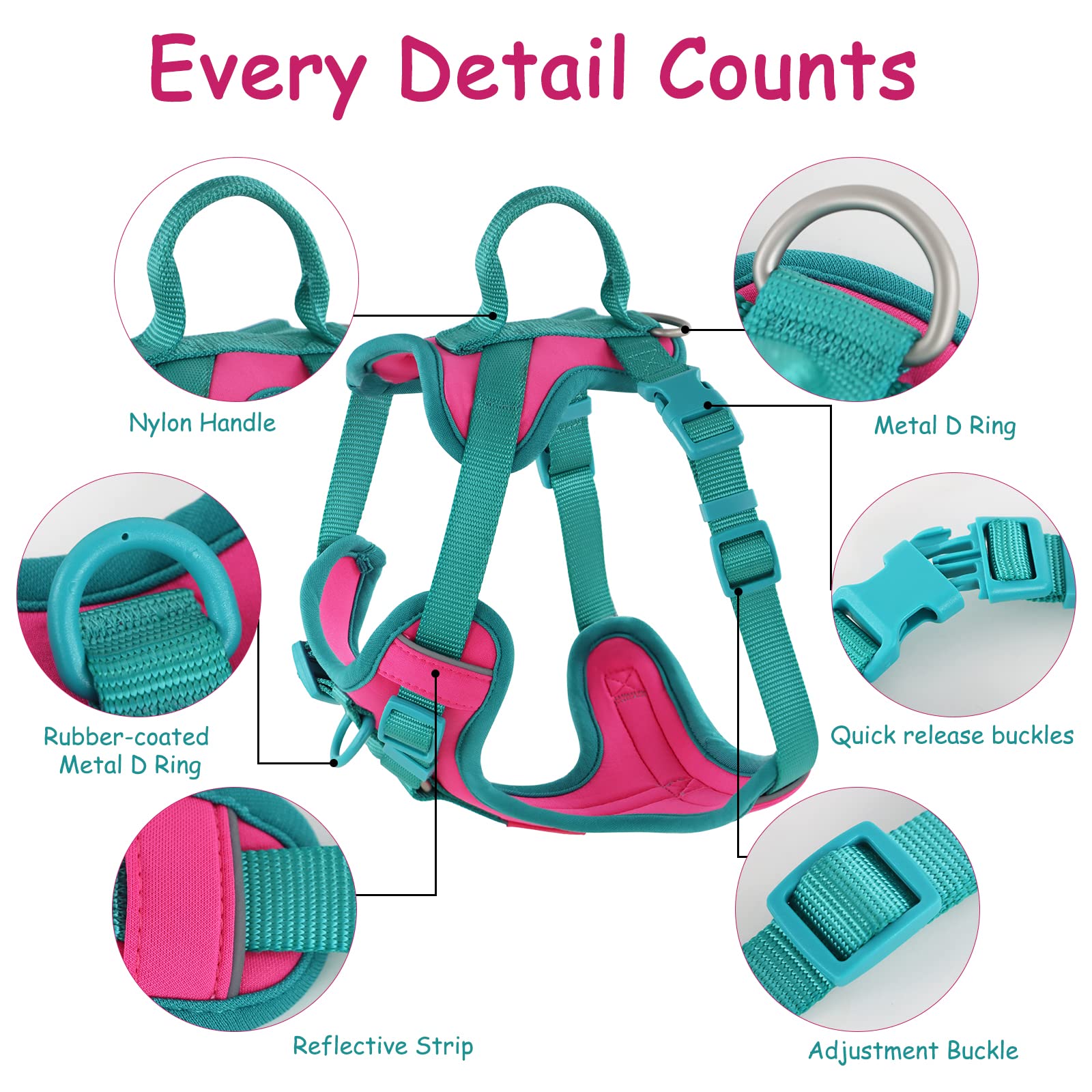 Wolfone No Pull Dog Harness, Adjustable Soft Padded Vest, Control Handle, Size M, Pink Peacock