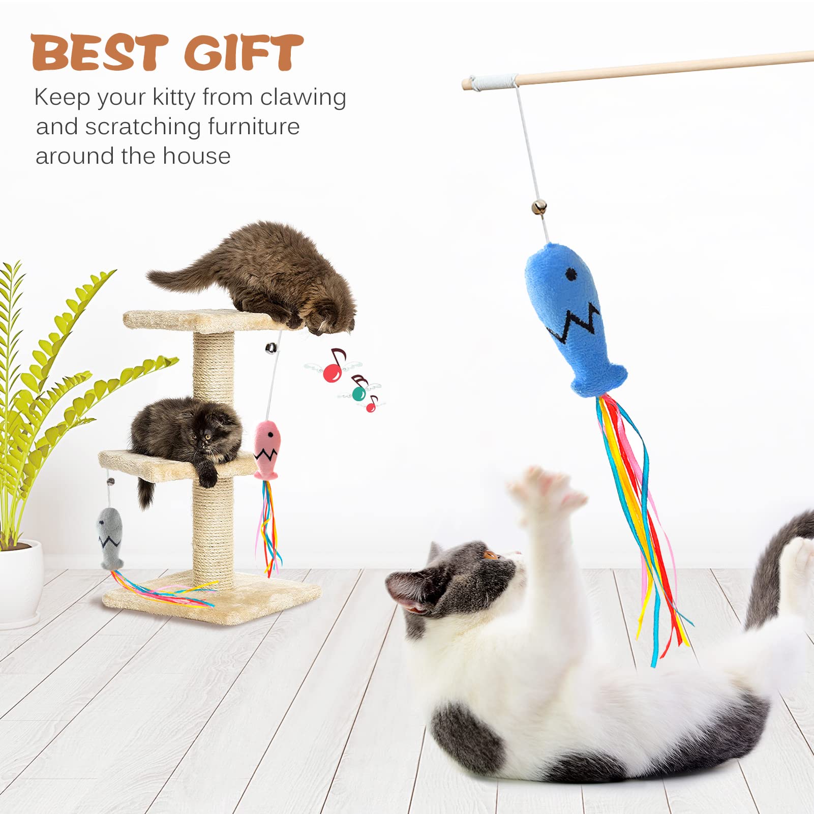 Natural Wood Cat Wand Toy With Ribbon Fish Teaser - 3Pcs, 16 Inch, Indoor Cat Exerciser & Playing Kitten Toy, Bonus 5Pcs Catnip