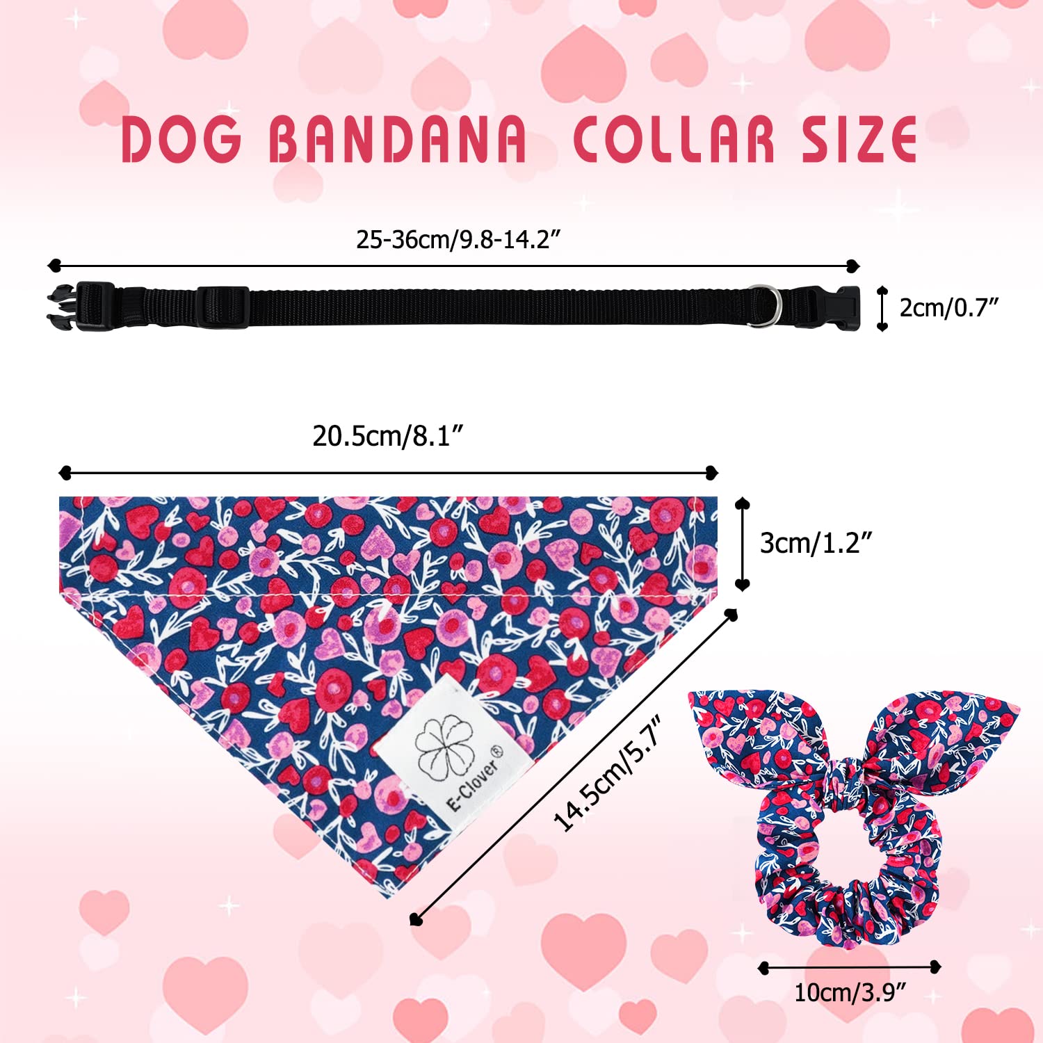 E-Clover Dog Collar Bandana Girl & Matching Scrunchie Set Heart Dog Collars Pet Accessories Adjustable For Small Dogs Puppy Owne