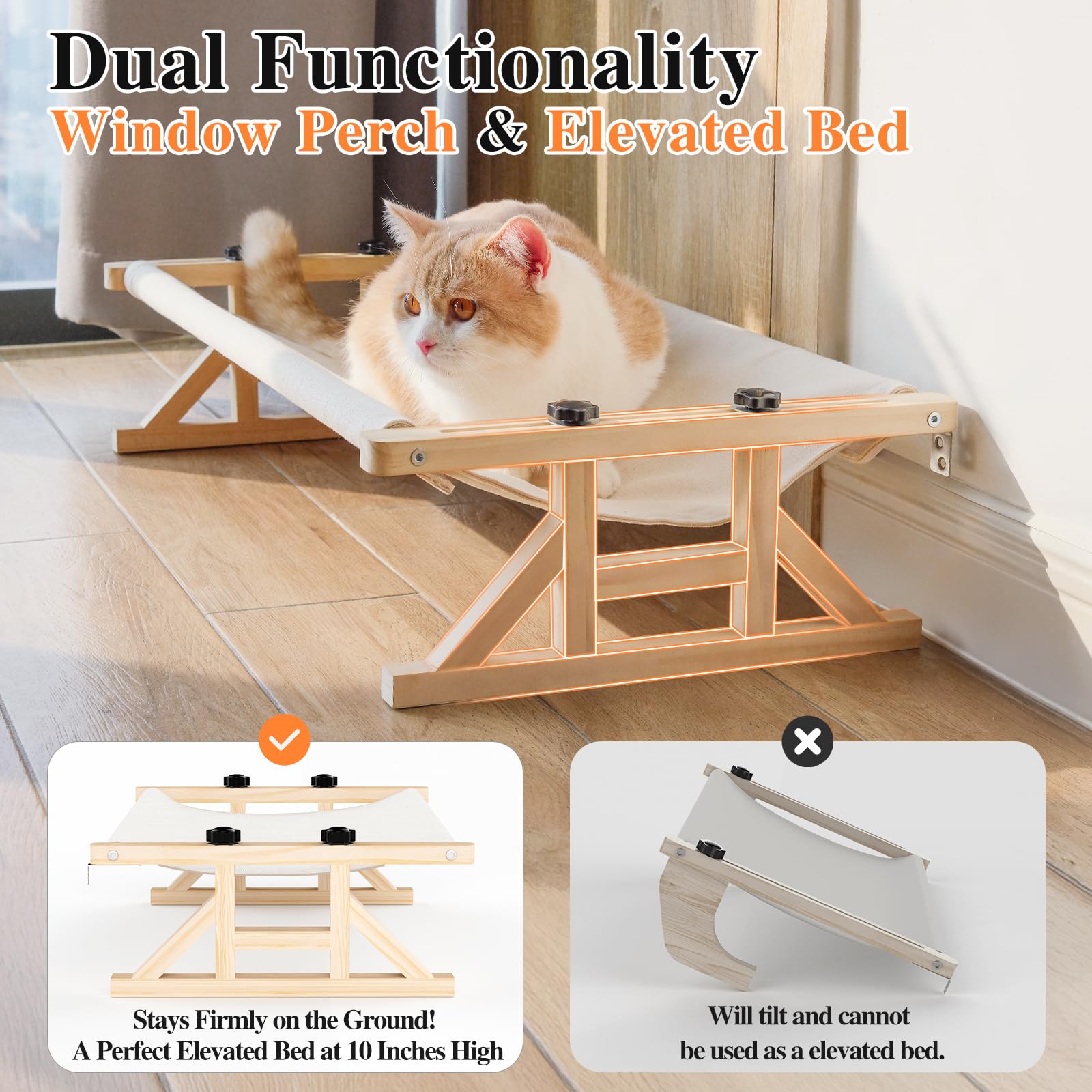 Tresbro 2-In-1 Cat Window Perch & Elevated Cat Hammock, 15.7'' W*10.2'' H*18.9'' L Wooden Frame Pet Bed For Indoor Cats, Easy Se