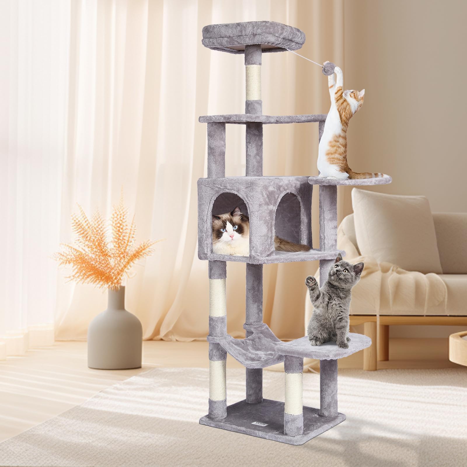 VEVOR Cat Tree 60.6 Cat Tower with Cat Condo Sisal Scratching Post Light Grey
