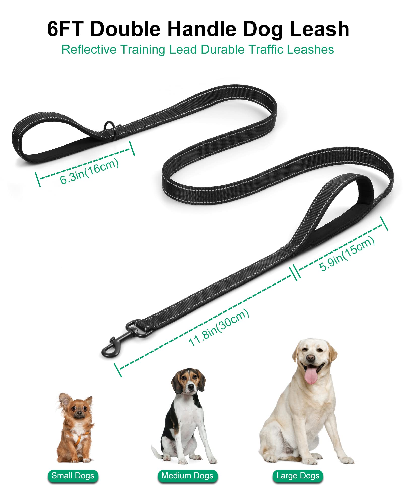 Heavy Duty Dog Leash With 2 Handles - 6Ft Reflective Anti-Pull Leash For Large Dogs, Padded Traffic Handle For Control, Durable