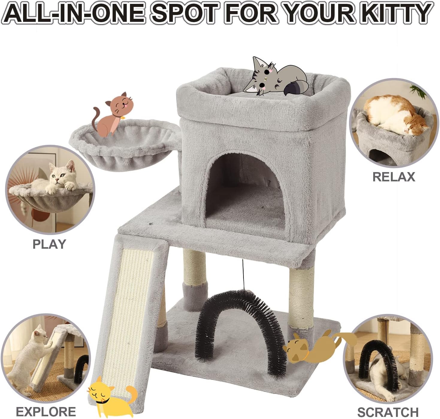 Hoopet 30In Cat Tree For Indoor Cats - Multi-Level Cat Tower With Hammock, Condo, Scratching Posts, Self-Grooming Brush & Play B