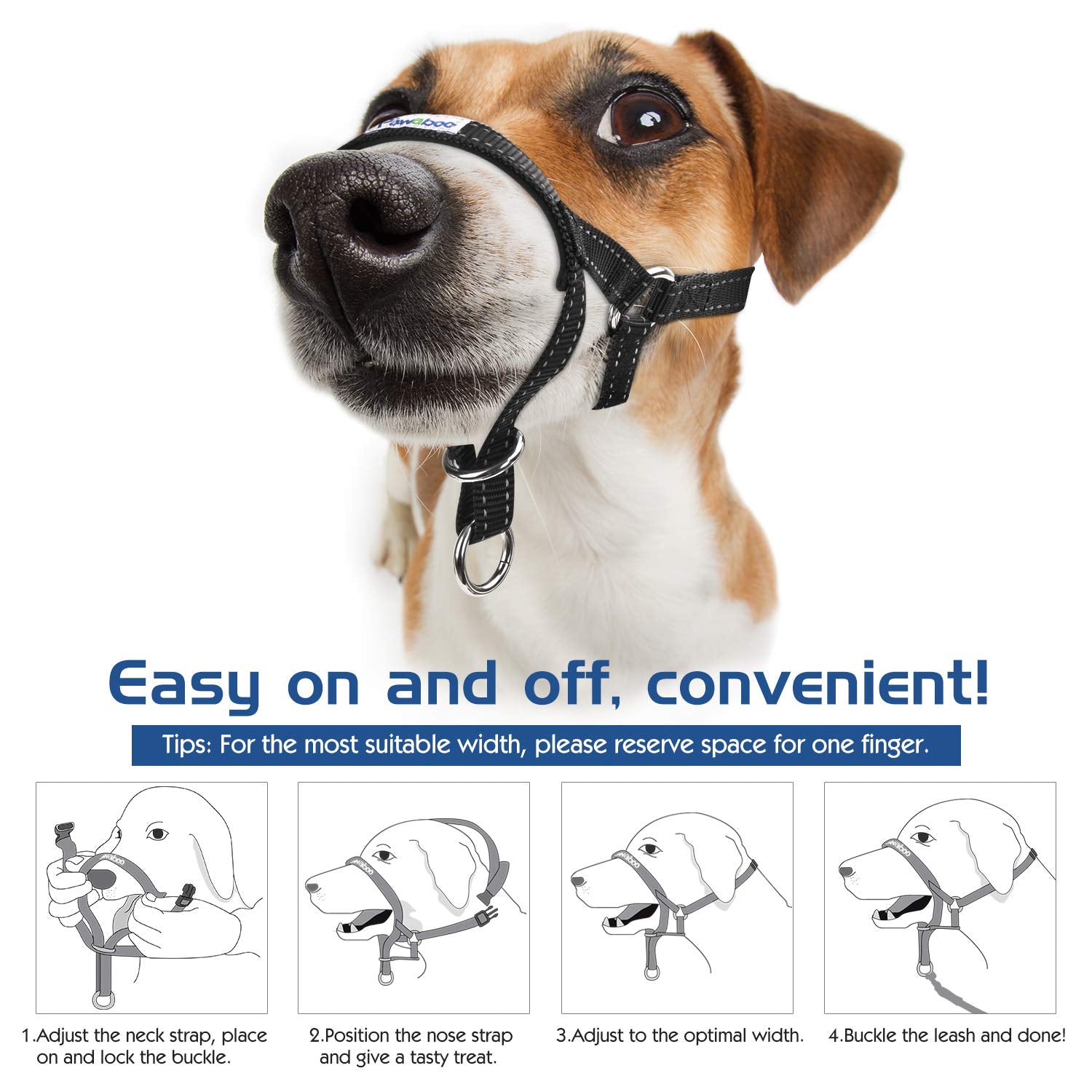Pawaboo Dog Muzzle, Head Halter Collar For Dog, Pet Dog Nylon Reflective Adjustable Loop Anti-Biting Barking Control Easy Fit Dog Stops Dog Pulling Head Leash, Small Size, Black