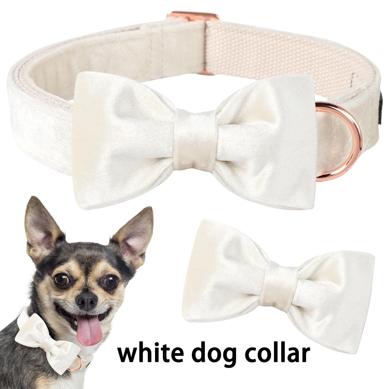 ARING PET Bowtie Dog Collar-Velvet Dog Collars with Detachable Bowtie, White Wedding Soft Dog Collar,Large.