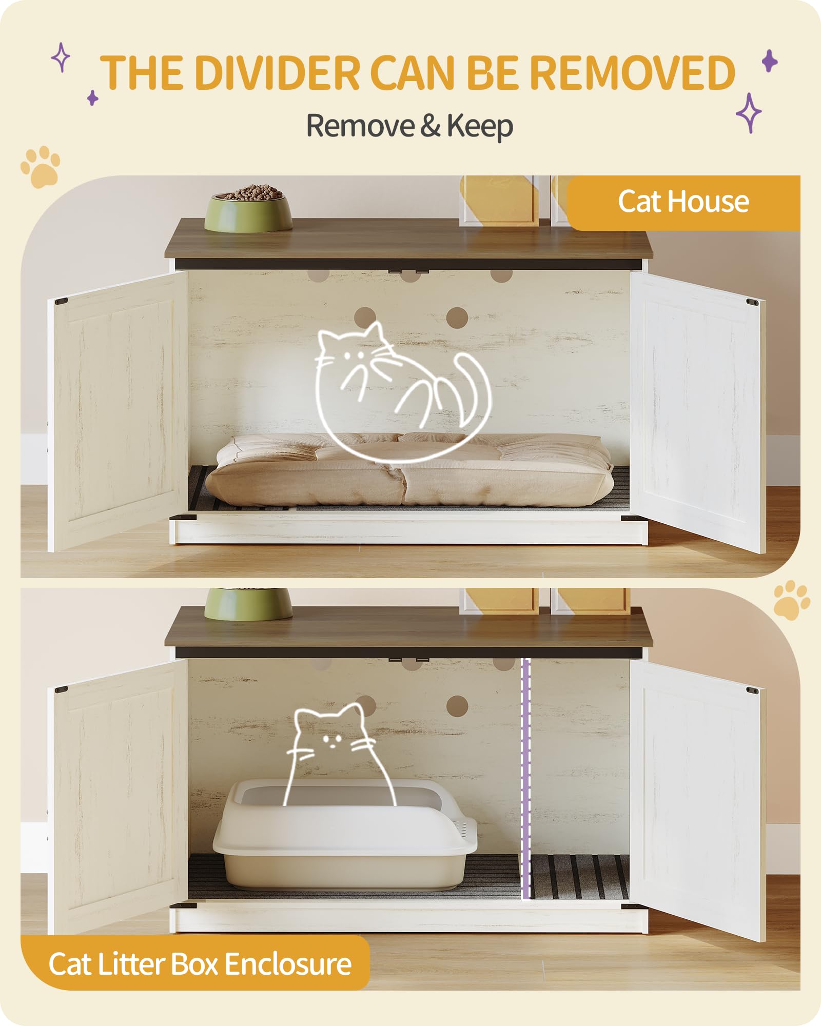 Hzuaneri Cat Litter Box Enclosure, Hidden Litter Box Furniture With Removable Dividers, Reversible Entrance Left Or Right Side,C