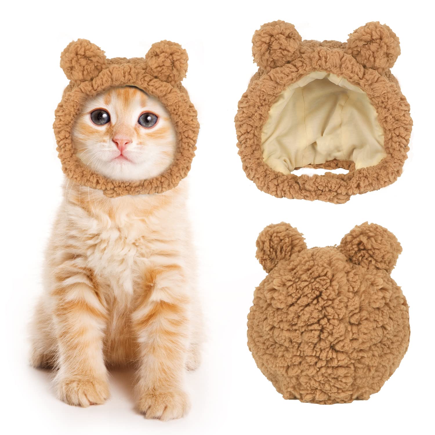 Joicee Cute Cat Costume Warm Bear Hat For Cat Adjustable Soft Small Pet Headwear Bear Hat For Cat Puppy Dog (Brown)