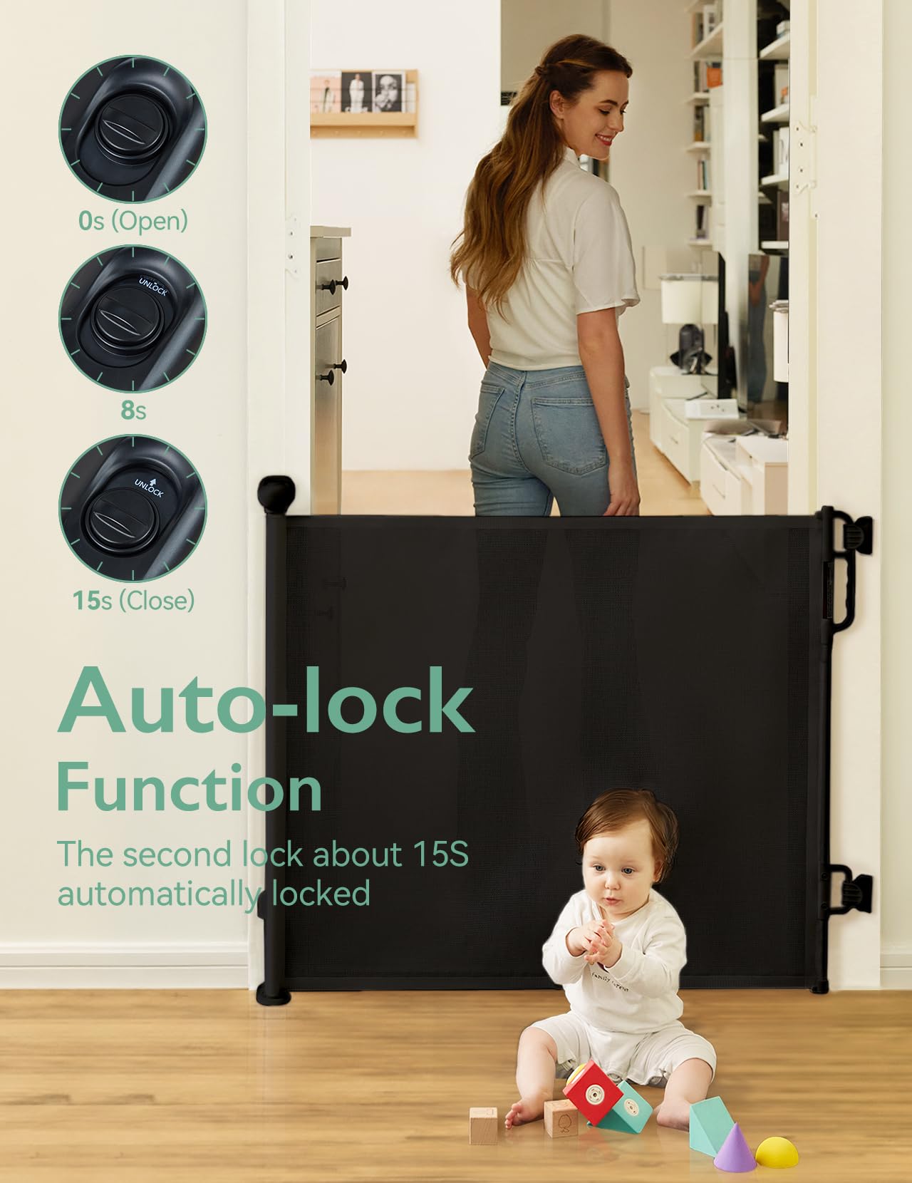 Momcozy Auto Lock Retractable Baby Gate, Safety Gate for Baby and Pet, 33    Tall, Extends to 55    Wide, Mesh Safety Dog Gate f
