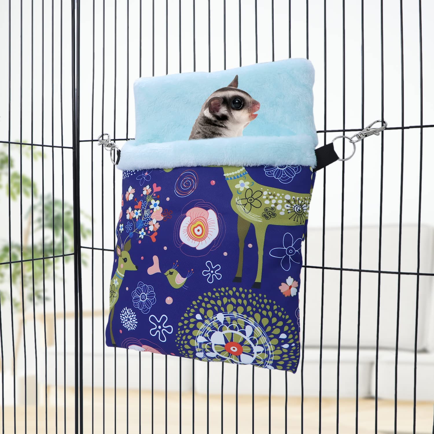 Wontee Small Pet Sleeping Pouch Sleep Bag Warm Bed Hideout For Hamsters Hedgehogs Sugar Gliders Squirrels (L, Blue Elk)