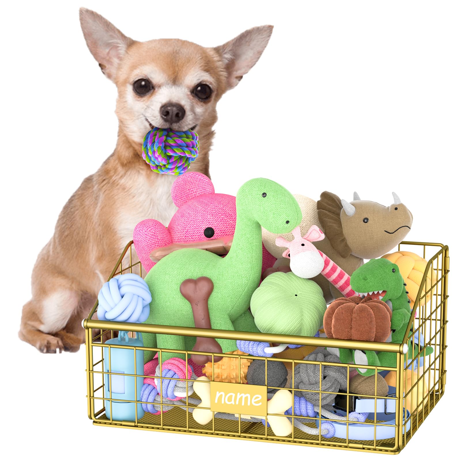 Kaiferty Indestructible Dog Toy basket, Small Toy Box for Dogs, Pet Toy Bin Dog Metal Basket for Toys, Toy Storage Organizer, Ca