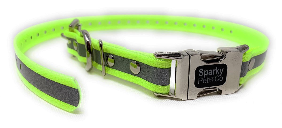 Sparky Pet Co - Apollo Ecollar Replacement Strap - Dog Collar - Waterproof Biothane - Adjustable - Double Buckle - Quick Snap Metal Clasp - For Invisible Fence Systems - 1' X 30' (Reflective Yellow)