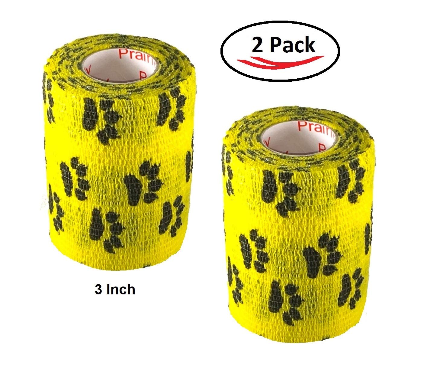 Vet Wrap Wrap Tape (Yellow with Paw Prints) (2 Pack) (3 Inch x 15 feet) Self Adhesive Adherent Adhering Cohesive Flex Self Stick
