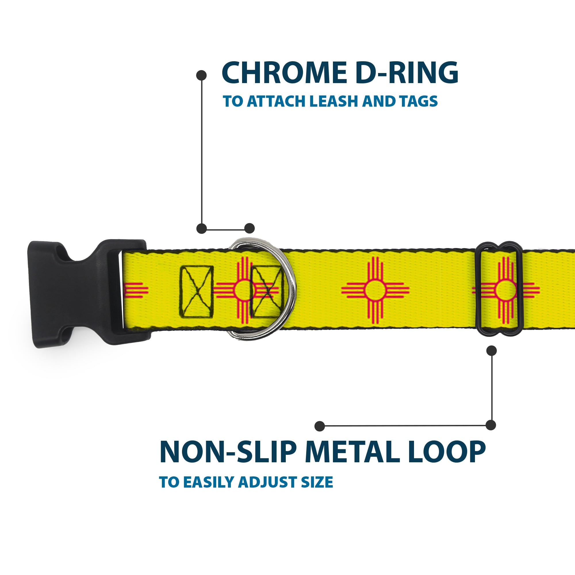 Buckle-Down Dog Collar Plastic Clip New Mexico Flag Yellow Red 13 To 18 Inches 1.5 Inch Wide