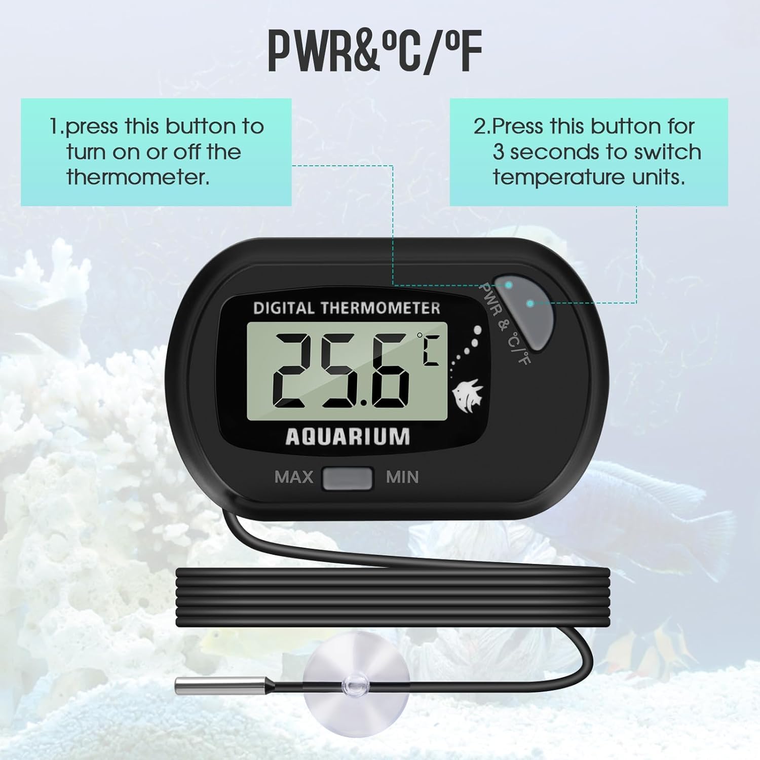 Thlevel Lcd Digital Aquarium Thermometer, Fish Tank Thermometer With Water-Resistant Sensor Probe And Suction Cup For Reptile, T
