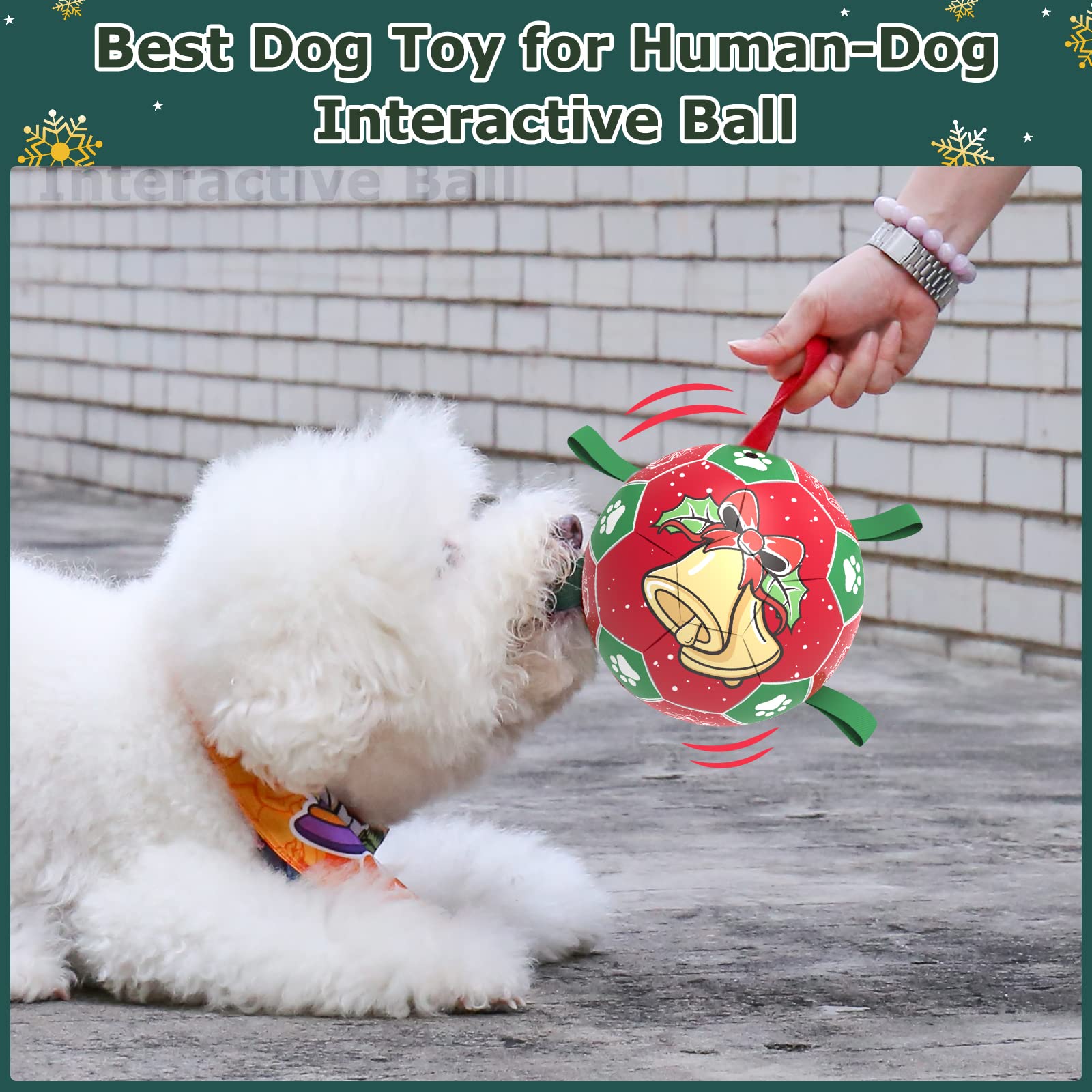 QDAN Christmas Dog Soccer Balls with Straps, Interactive Dog Toys for Tug of War, Puppy Birthday Gifts, Dog Tug Toy, Dog Water T