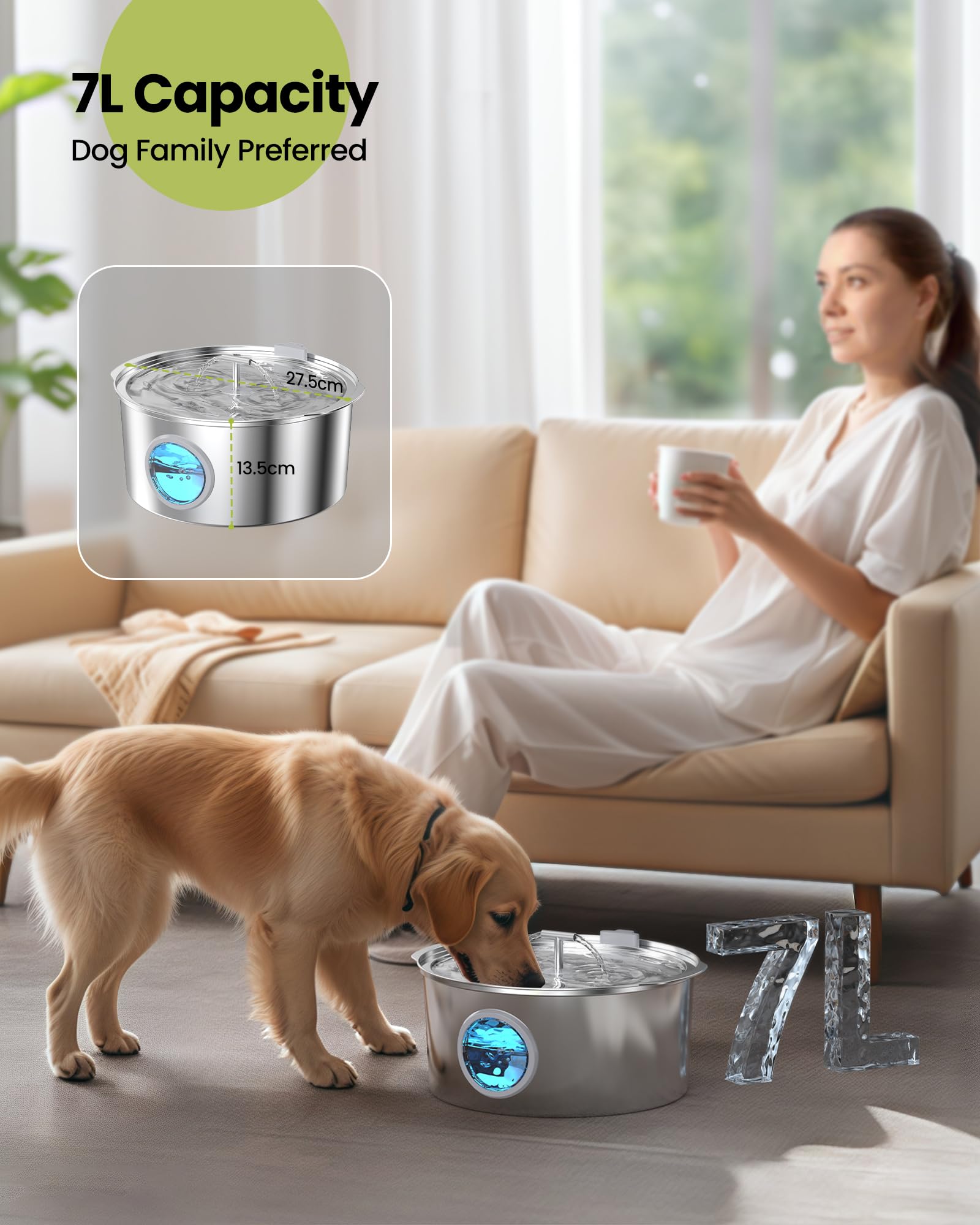 Dog Water Fountain Stainless Steel: 7L/1.8Gal Large Dog Fountains Quiet Automatic pet Drinking Dispenser - Indoor Cat Watering F