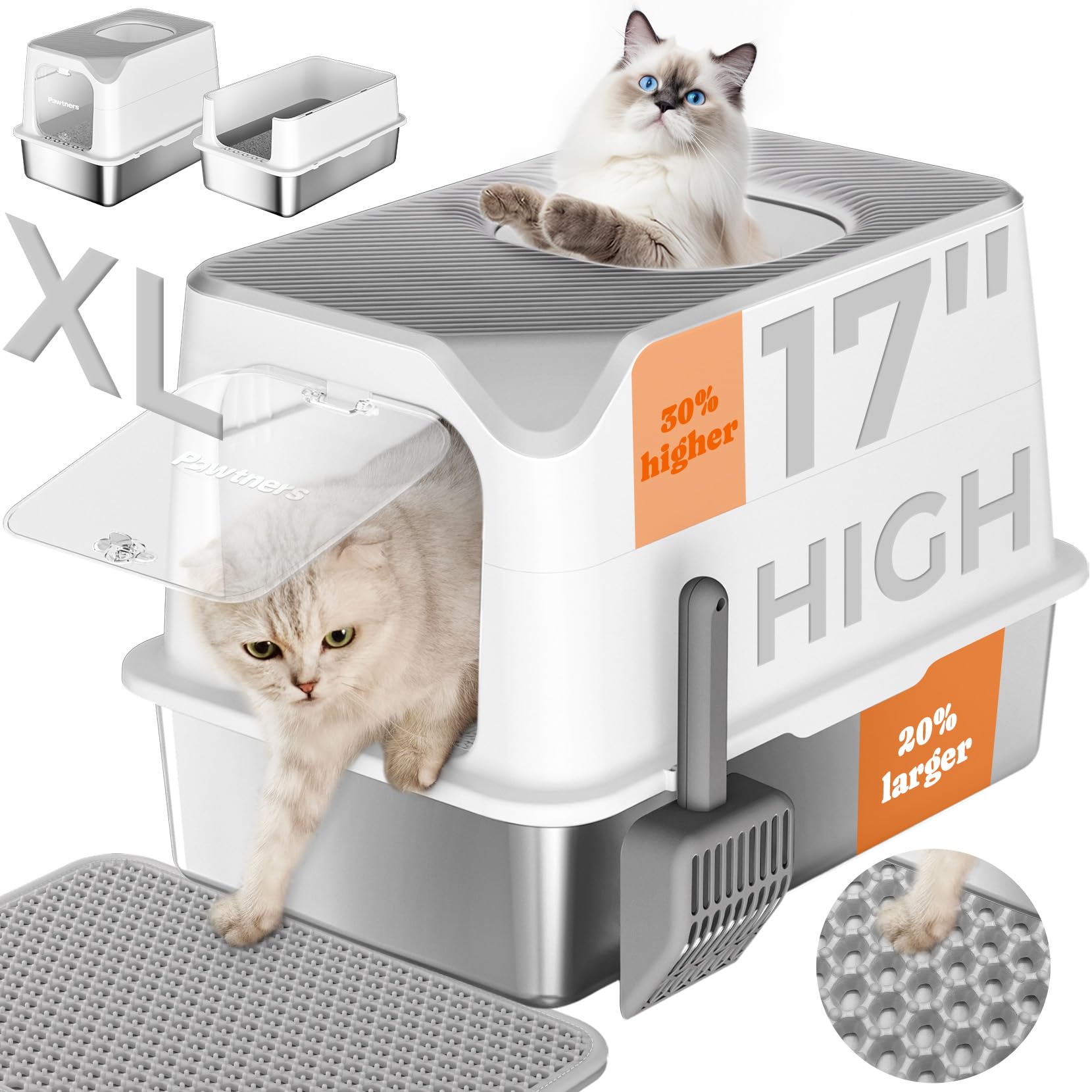 Pawtners Stainless Steel Cat Litter Box, Xl Extra Large Kitty Litter Pan, Front Entry Top Exit Enclosed Metal Cat Toilet For Odo