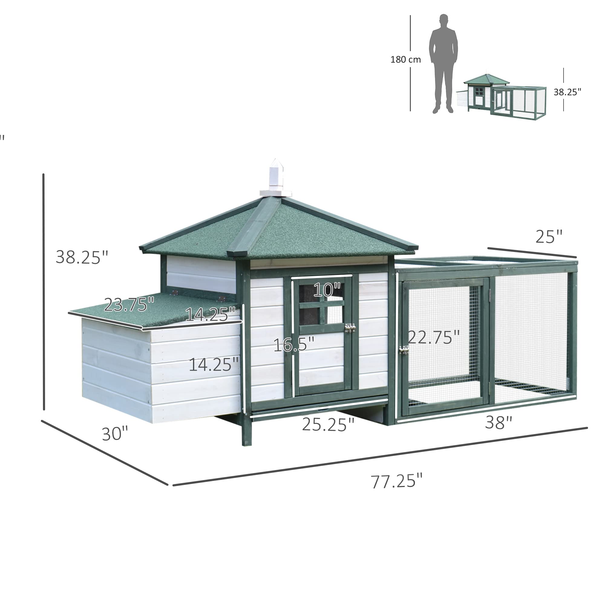 Pawhut 77' Wooden Chicken Coop With Nesting Box, Cute Outdoor Hen House With Removable Tray, Ramp Run, For Garden Backyard, Green