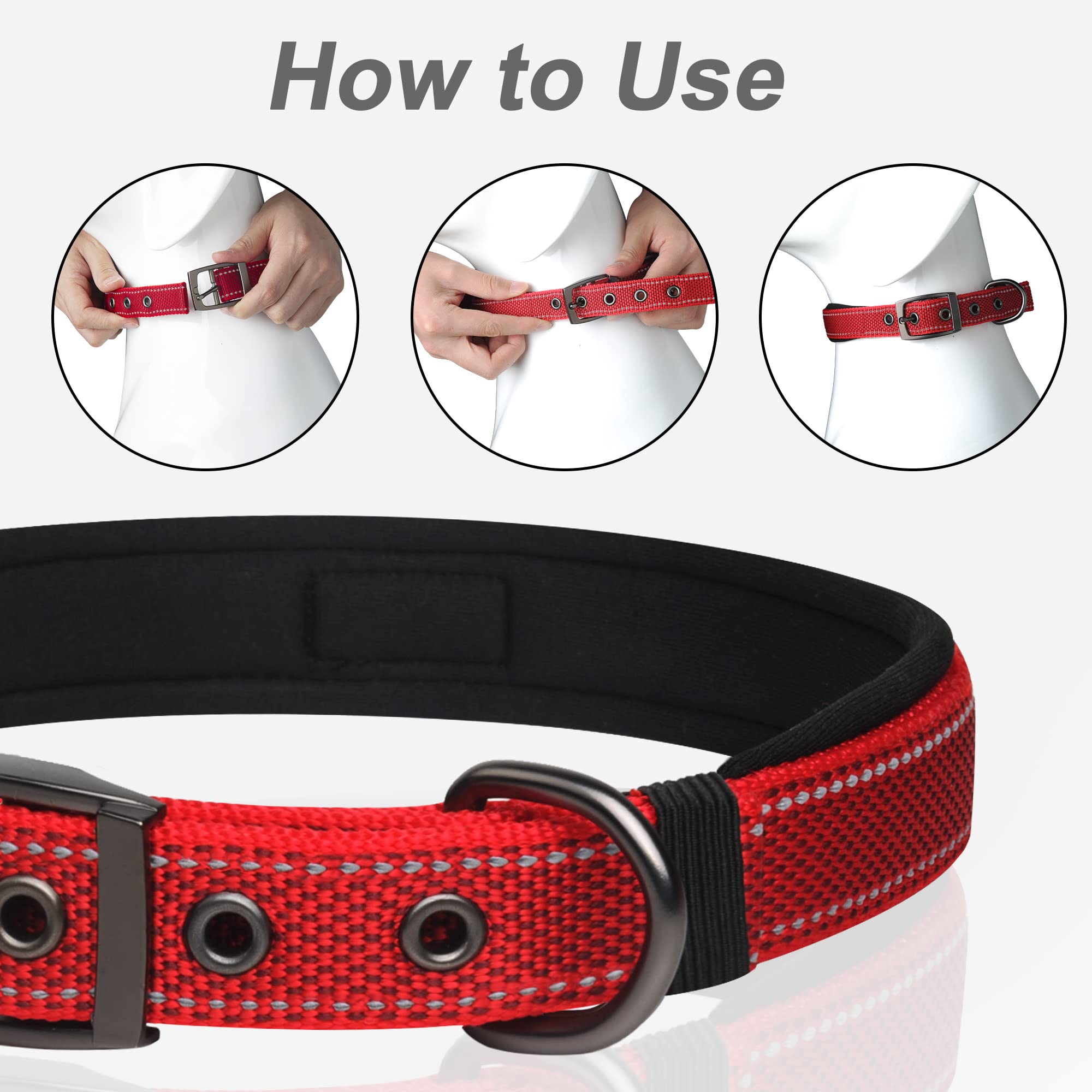 Petifine Heavy Duty Dog Collar With Durable Metal Buckle,Neoprene Padded Comfort Dog Collar, Reflective Adjustable Belt Buckle Dog Collars For Small Medium Large Dogs(14.5''-19'', Red)
