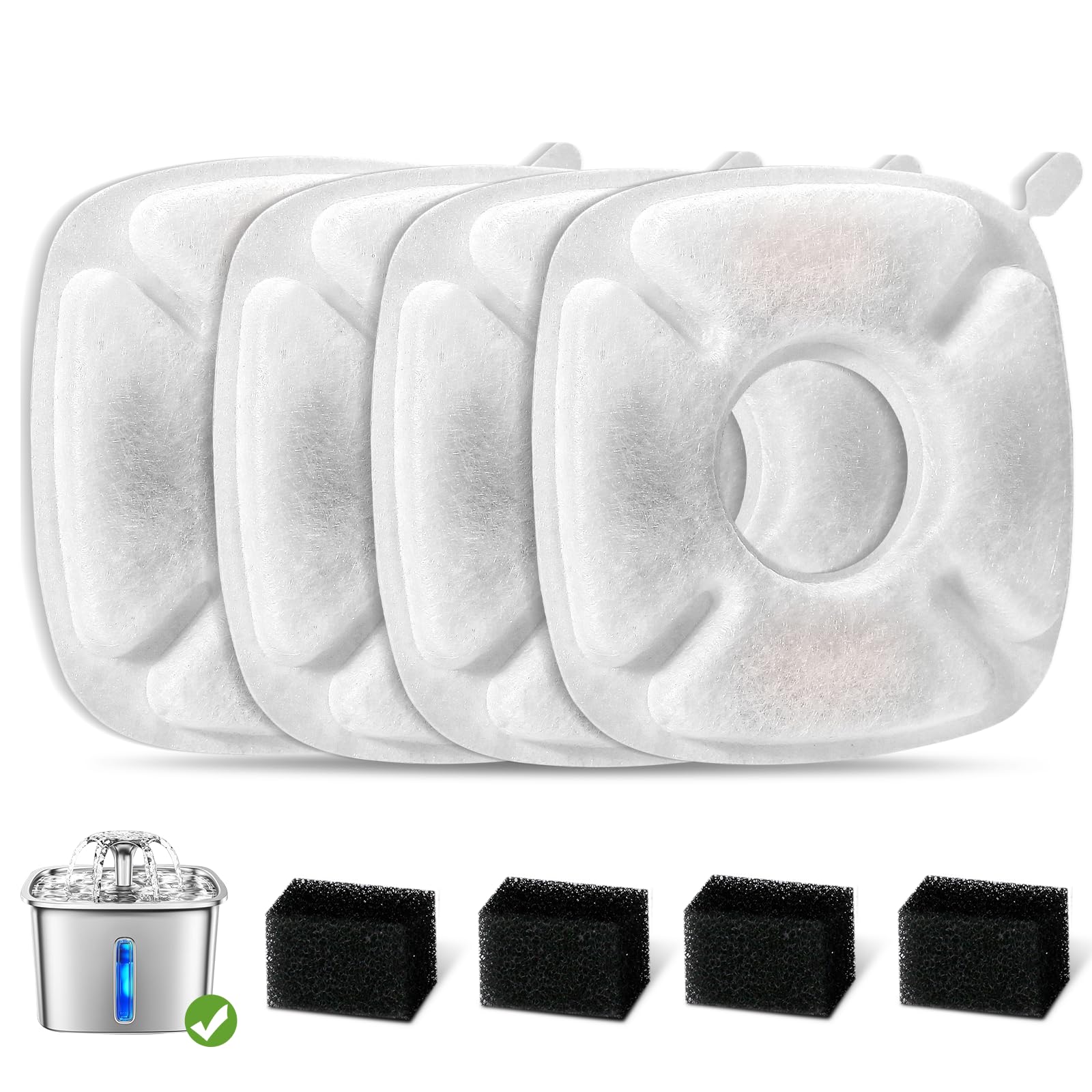 8 Pcs Cat Fountain Replacement Filters 4 Pack Cat Water Fountain Replacement Filters & 4 Pack Pre-Filter Sponges, Pet Fountain F