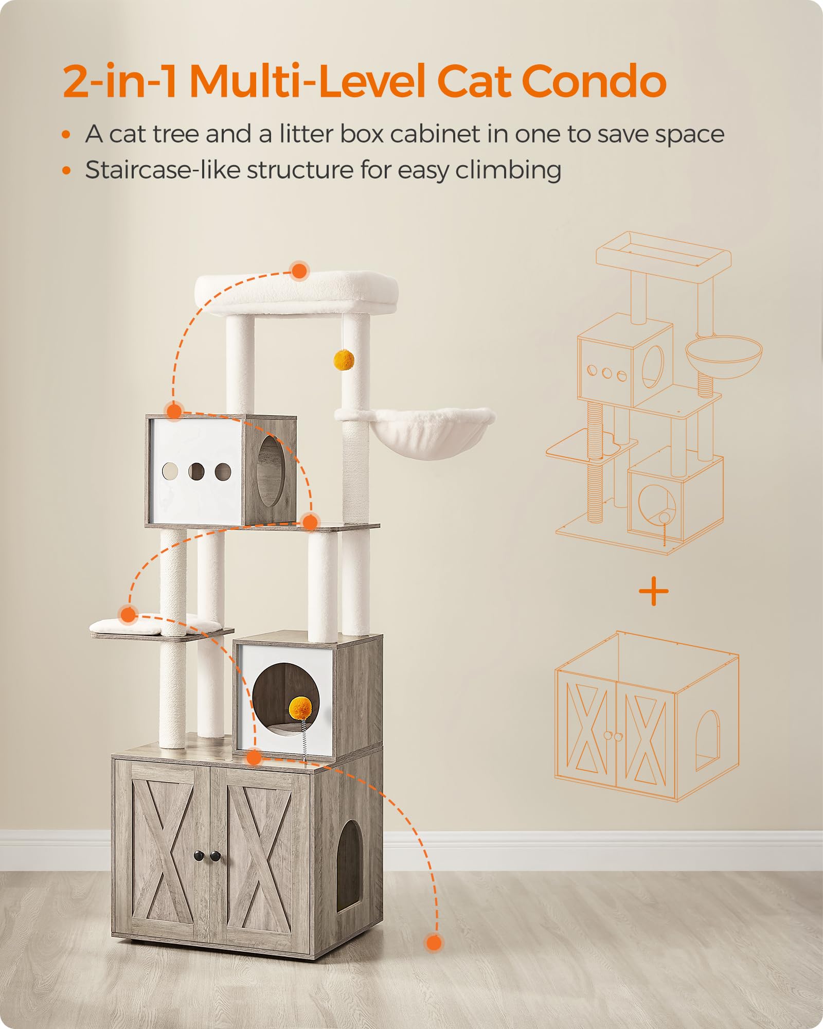 Feandrea Cat Tree With Litter Box Enclosure, 2-In-1 Modern Cat Tower, 70.8-Inch Tall Cat Condo With Scratching Posts, Perch, Cav