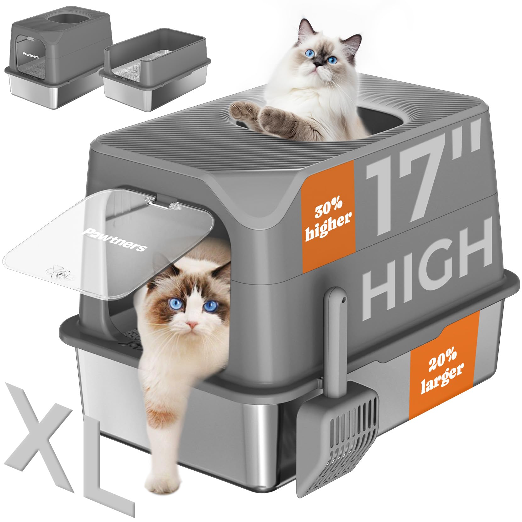 Pawtners Stainless Steel Cat Litter Box, Xl Extra Large Kitty Litter Pan, Front Entry Top Exit Hooded Metal Cat Toilet For Odor 