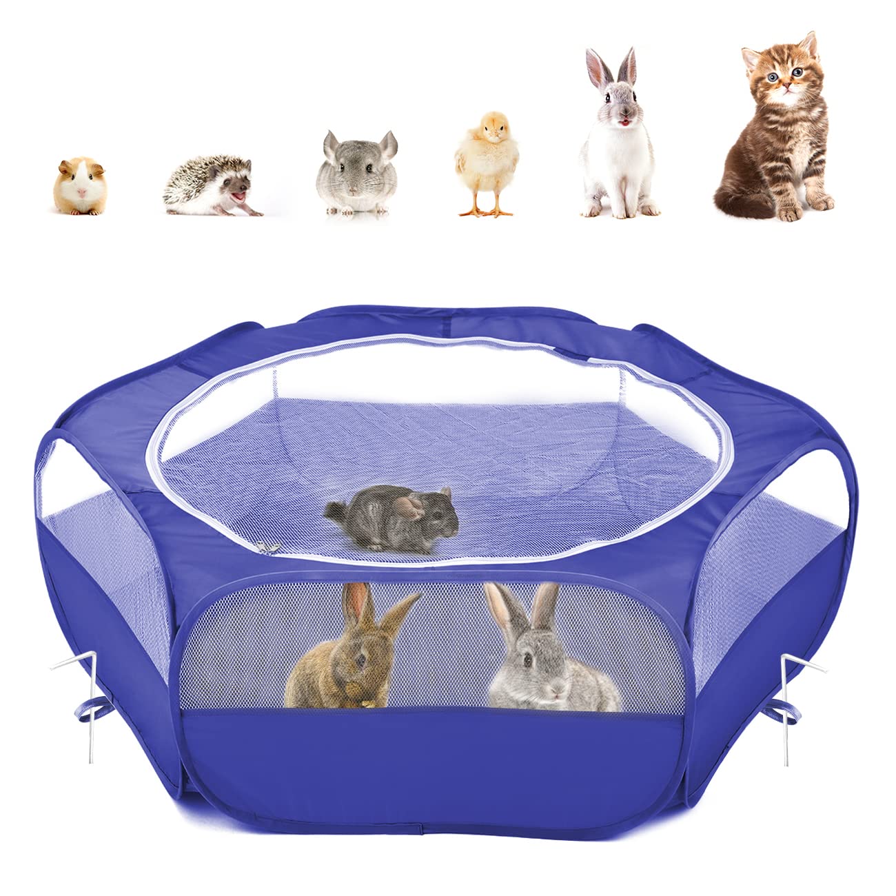 Pawaboo Small Animals Playpen, Waterproof Small Pet Cage Tent With Zippered Cover, Portable Outdoor Yard Fence With 3 Metal Rod For Kitten/Puppy/Guinea Pig/Rabbits/Hamster/Chinchillas, Indigo
