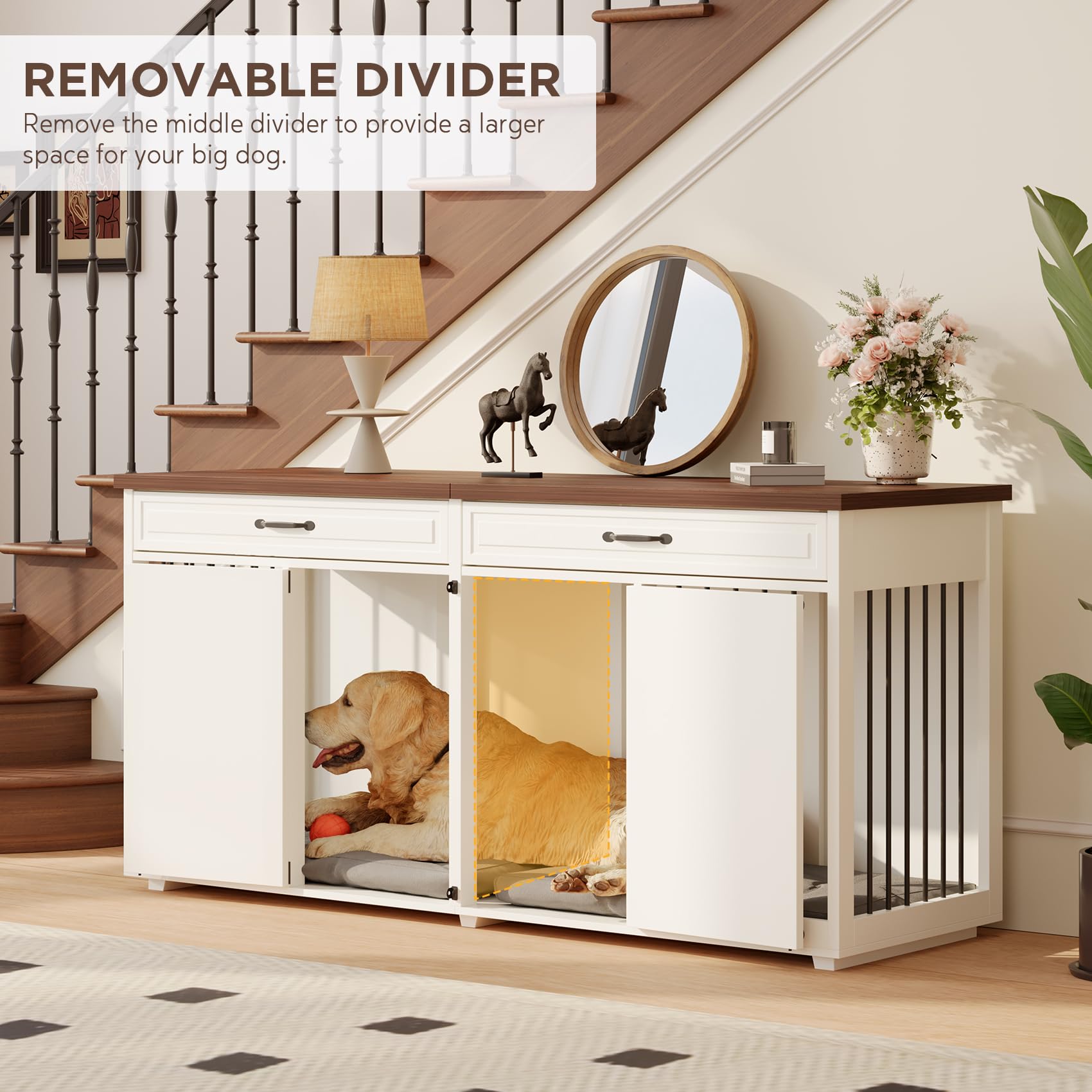 Furniture Style Dog Crate - Indoor Wooden Dog Kennel Furniture with 2 Drawers & Room Divider - 72 L x 23.6 W x 34 H - White