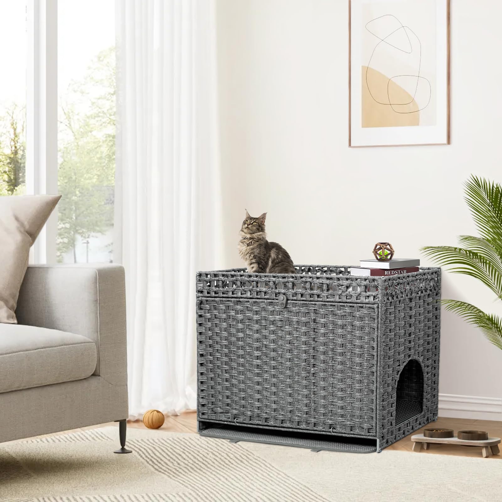 Doveaid Cat Litter Box Enclosure Furniture Hidden, Pet House Litter Box Furniture For Large Cats, Handwoven Rattan With Door Cat