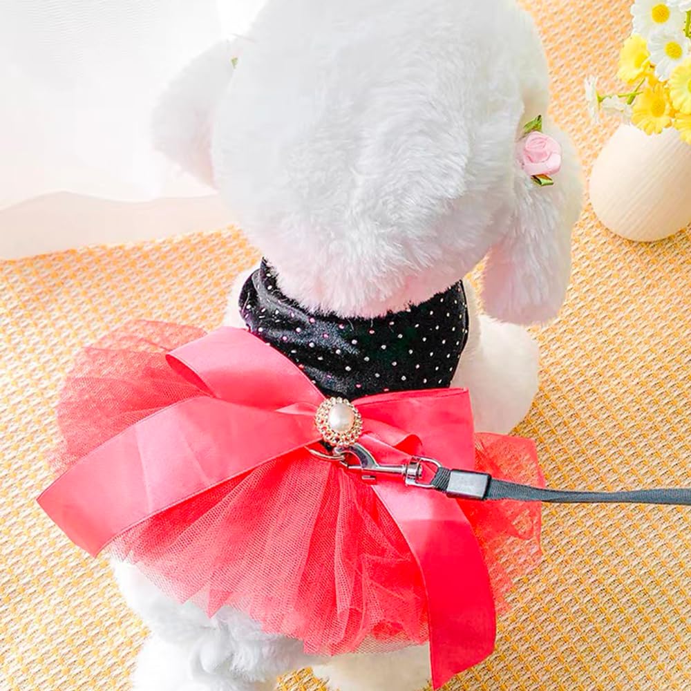 Anelekor Black Polka Dot Dog Dress With D-Ring, Puppy Wedding Attire For Small Dog Girl,Cat Birthday Outfit, Red Tutu Party Dres