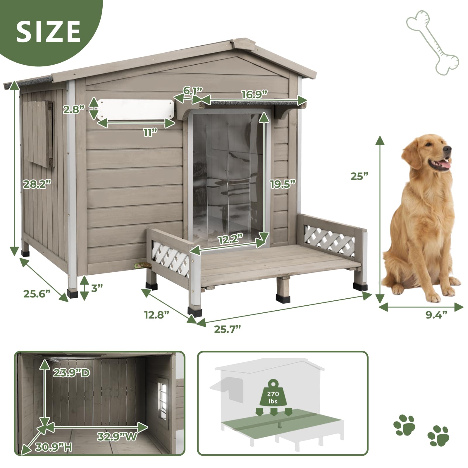 Dog House Outdoor Wooden Dog Kennel Outdoor Weatherproof Chew-Proof Iron Frame, Removable Floor And Adjustable Window For Small