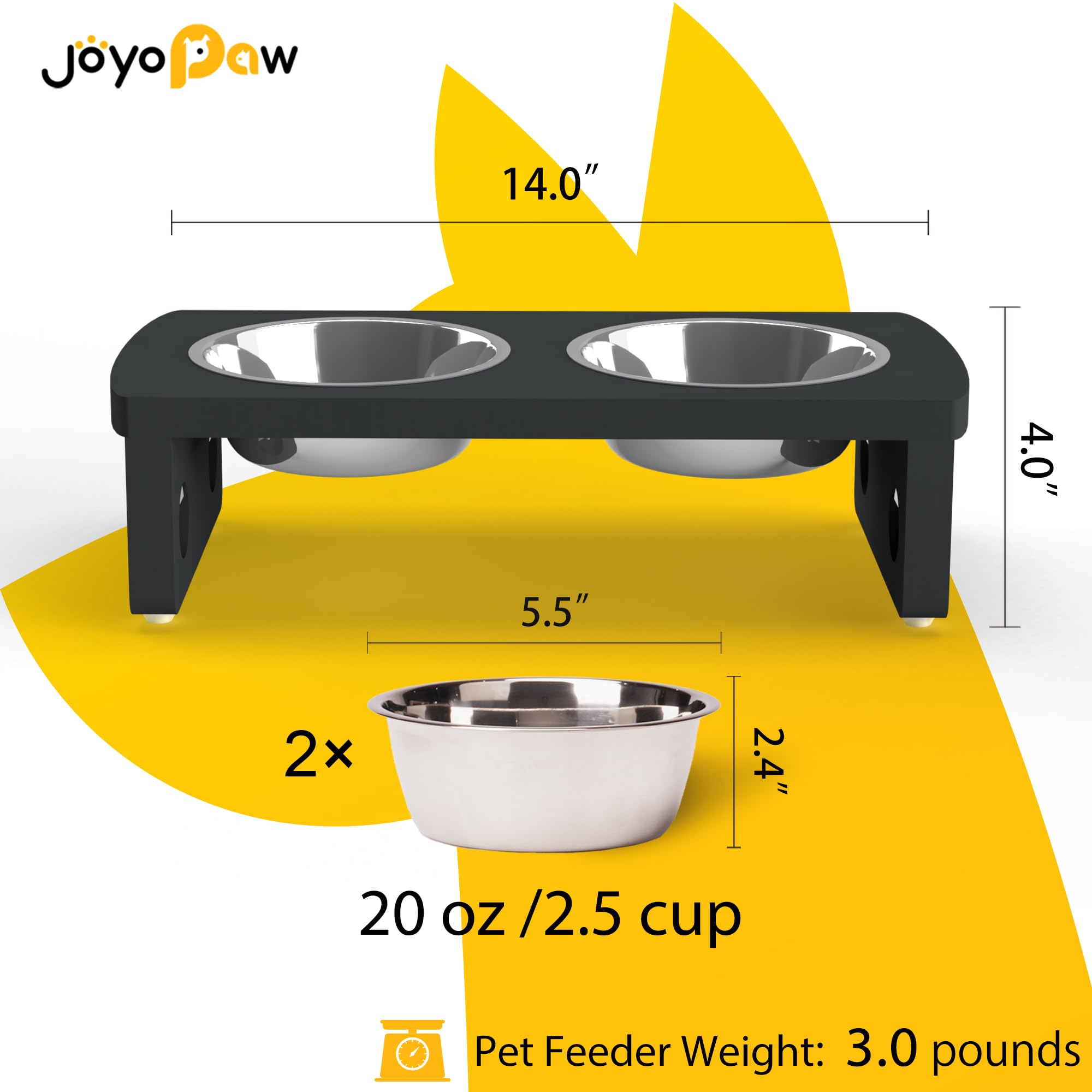 Elevated Dog Bowls, Bamboo Raised Dog Bowl for Small Dogs & Cats, with 2 Stainless Steel Bowls (4   Tall-20oz Bowl, Black)