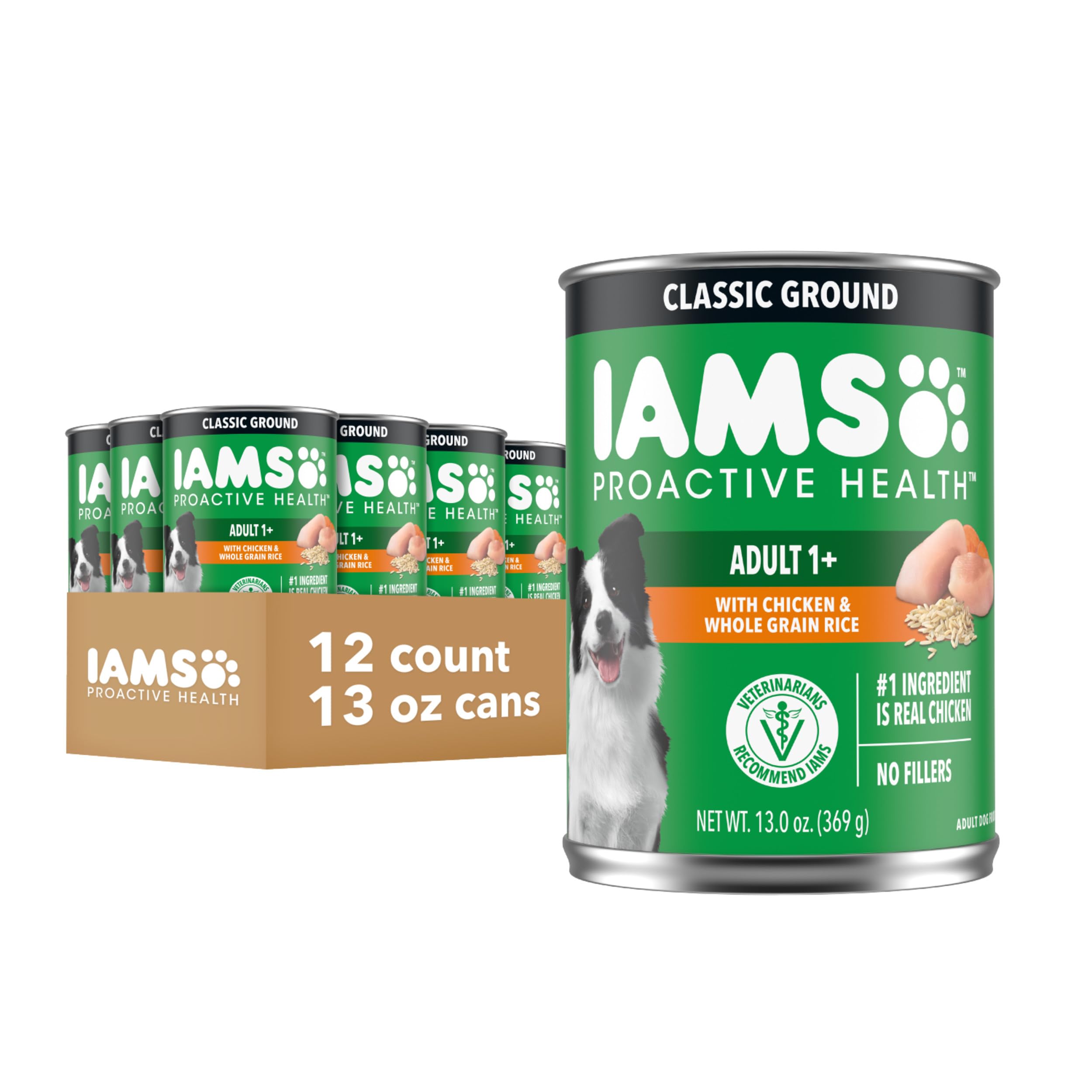 IAMS Proactive Health Adult Wet Dog Food Classic Ground with Chicken and Rice, 13 oz. Cans, Pack of 12