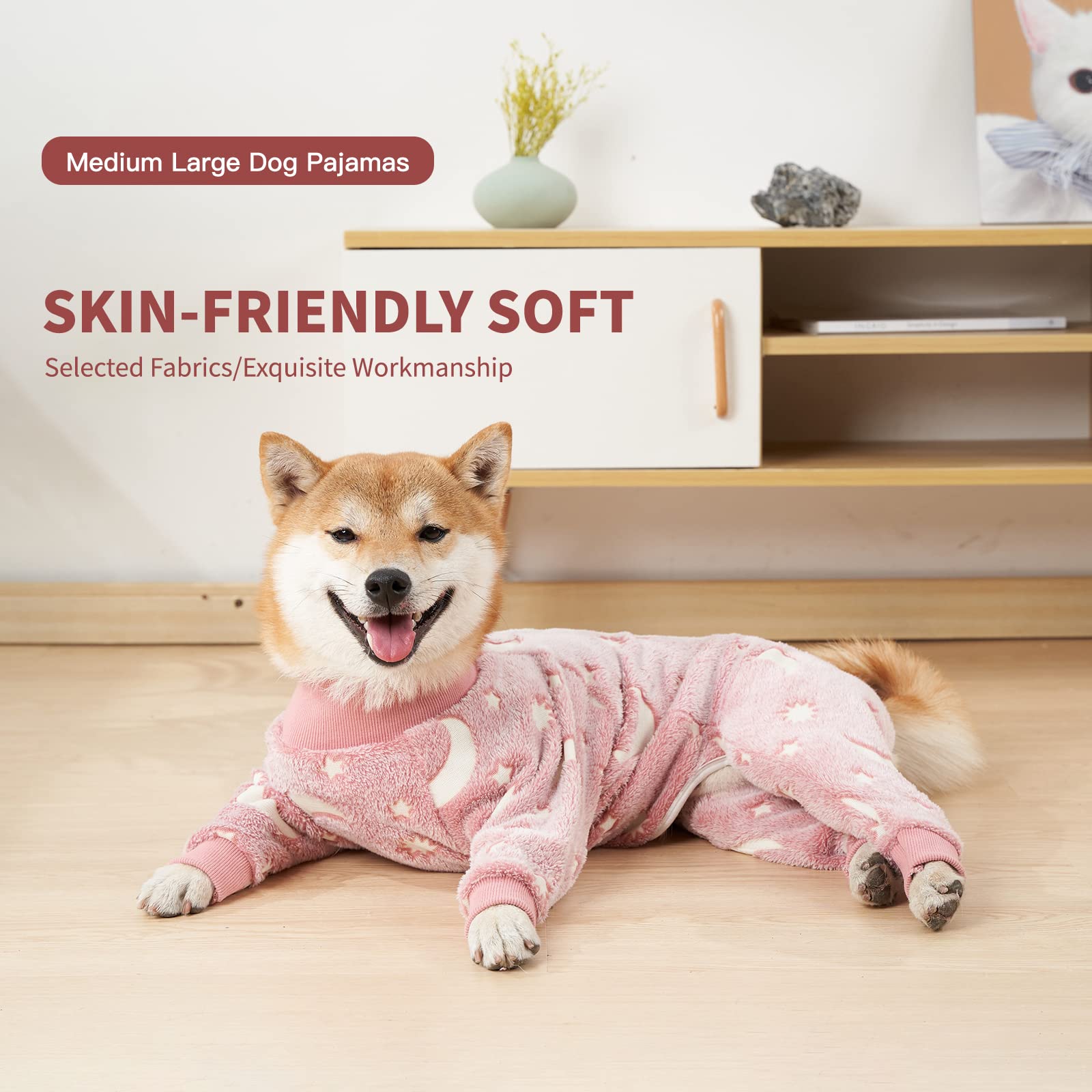 Onesie For Dogs With Feet Dog Winter Clothes For Medium Dogs Full Body Suit For Shedding Dogs Glow In The Dark (Pink, M)