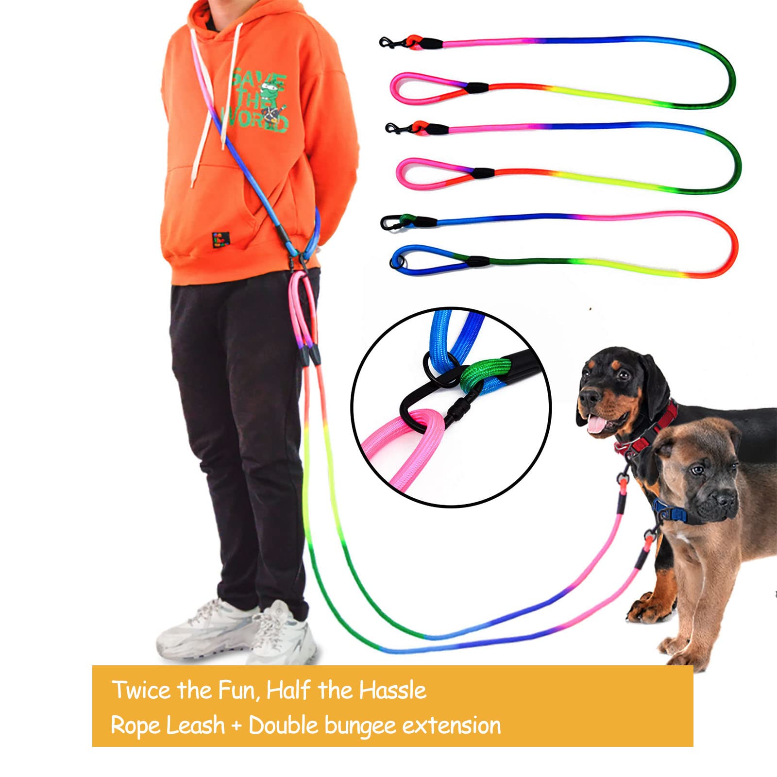 Jopoy Dog Leash For Large & Medium Dogs - Heavy Duty Reflective Rope Leash, 5Ft Rainbow, 18-120 Lbs