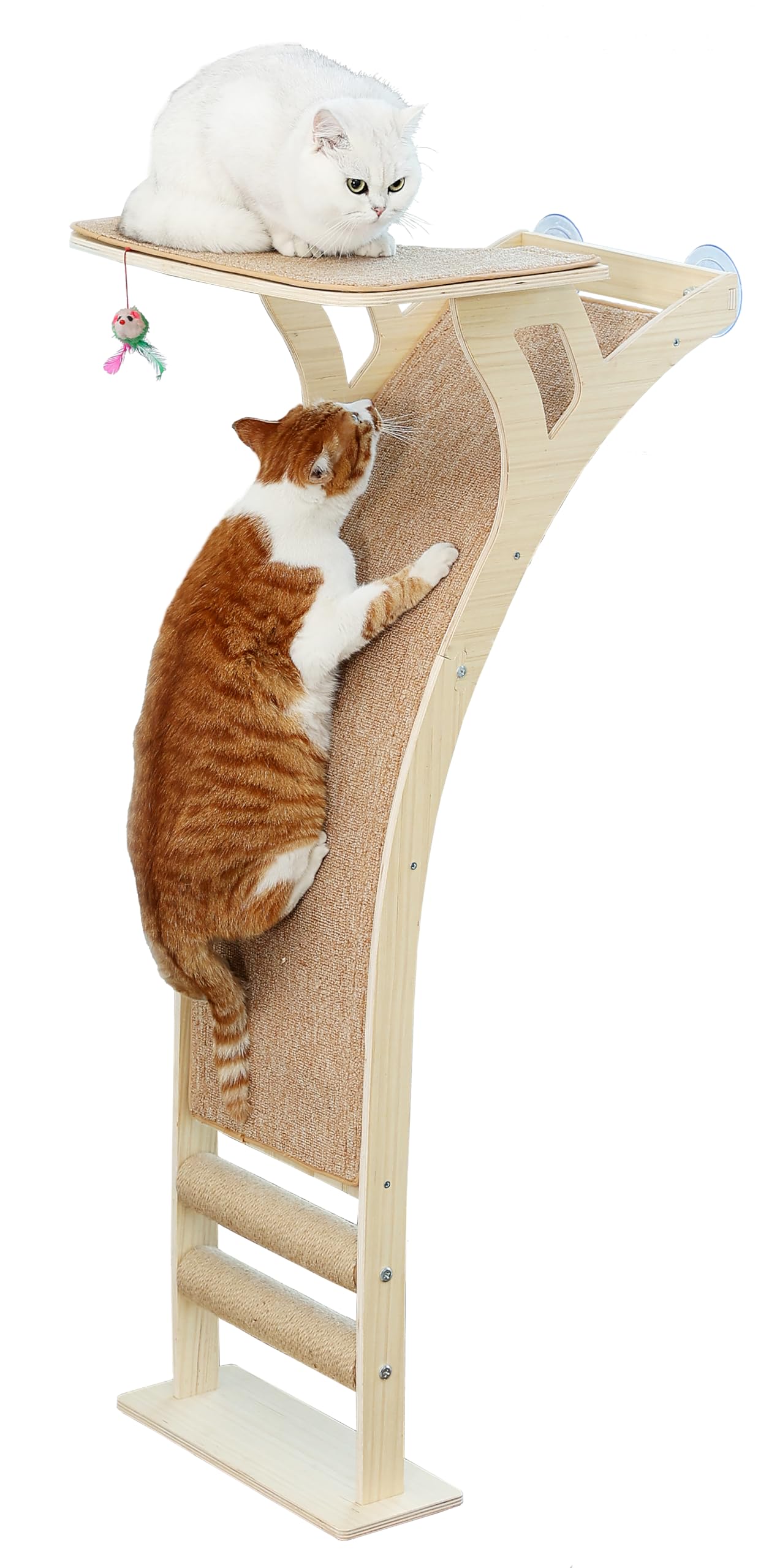 Cat Window Perch With Scratcher Ramp, 48'' Climbing Tree Suctions Cups To Window Maximum Hold Up To 45Lb, Wood Window Shelf For 