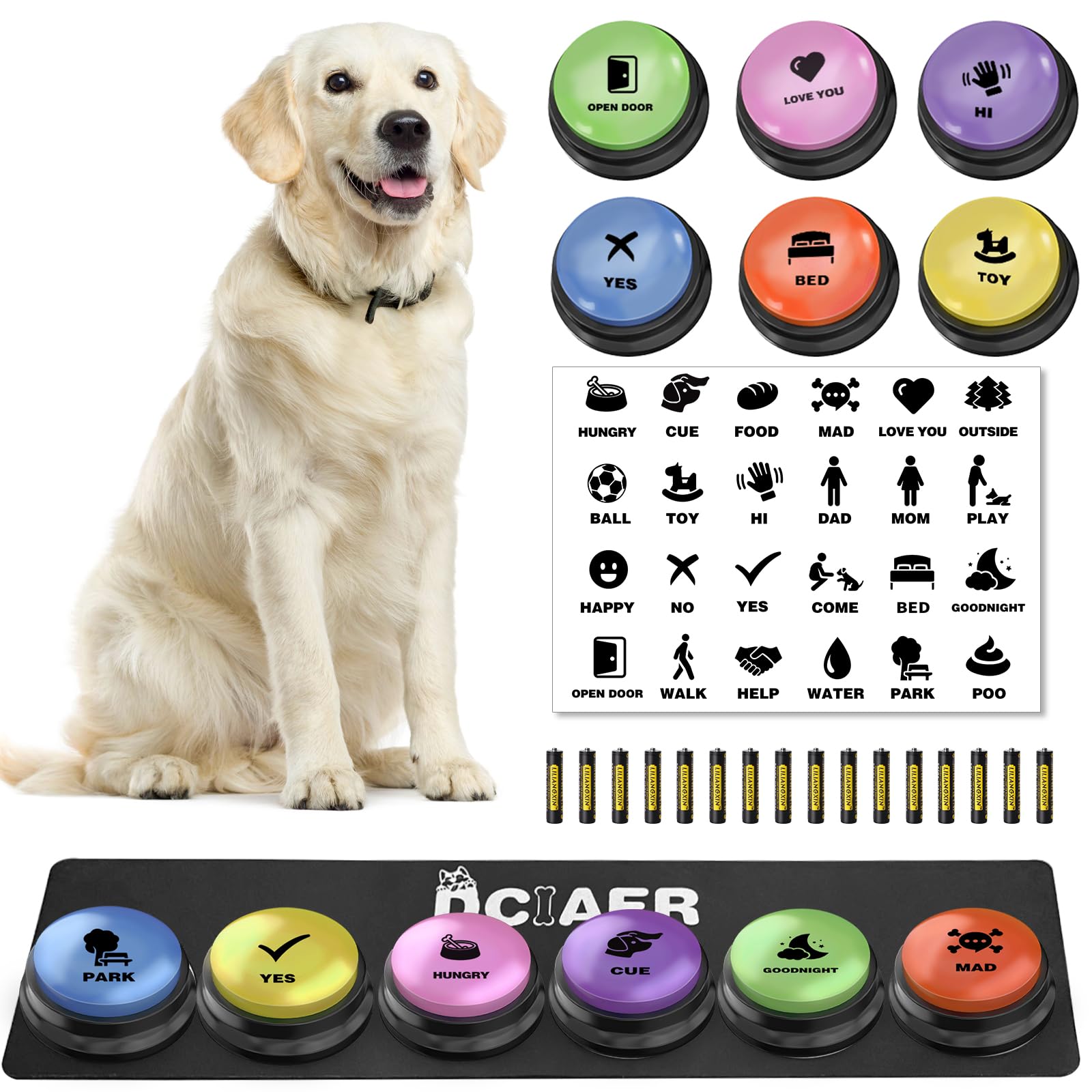 Dciaer Dog Buttons For Communication, 6 Pcs Dog Talking Button Set,30 Seconds Recordable Pet Training Buzzer,With Training Manua