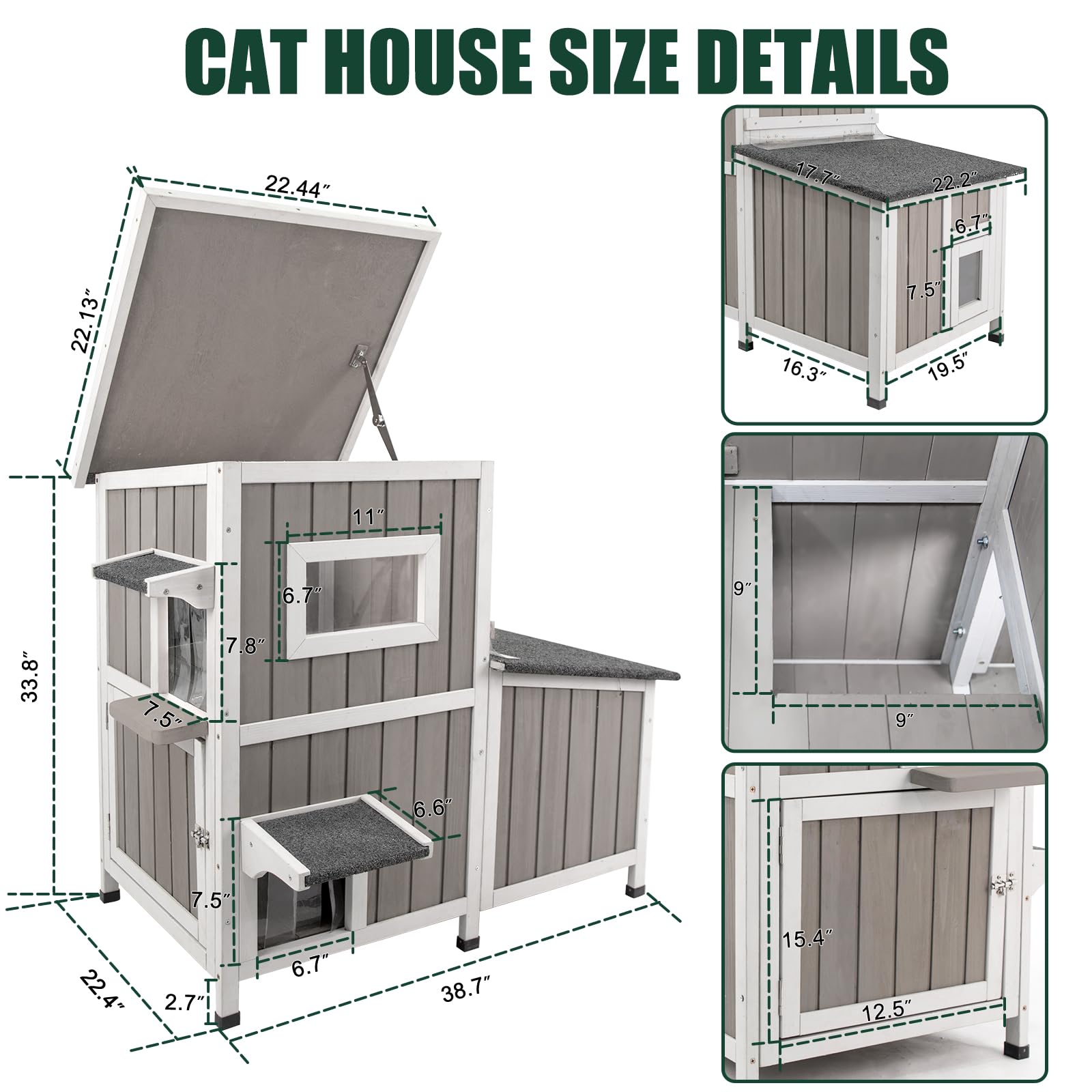 Cat House Outdoor Cat Shelter For 2-3 Feral Cats Two Story Wooden Cat Houses For Outside Cats Weatherproof In 3 Rooms,With Asphl