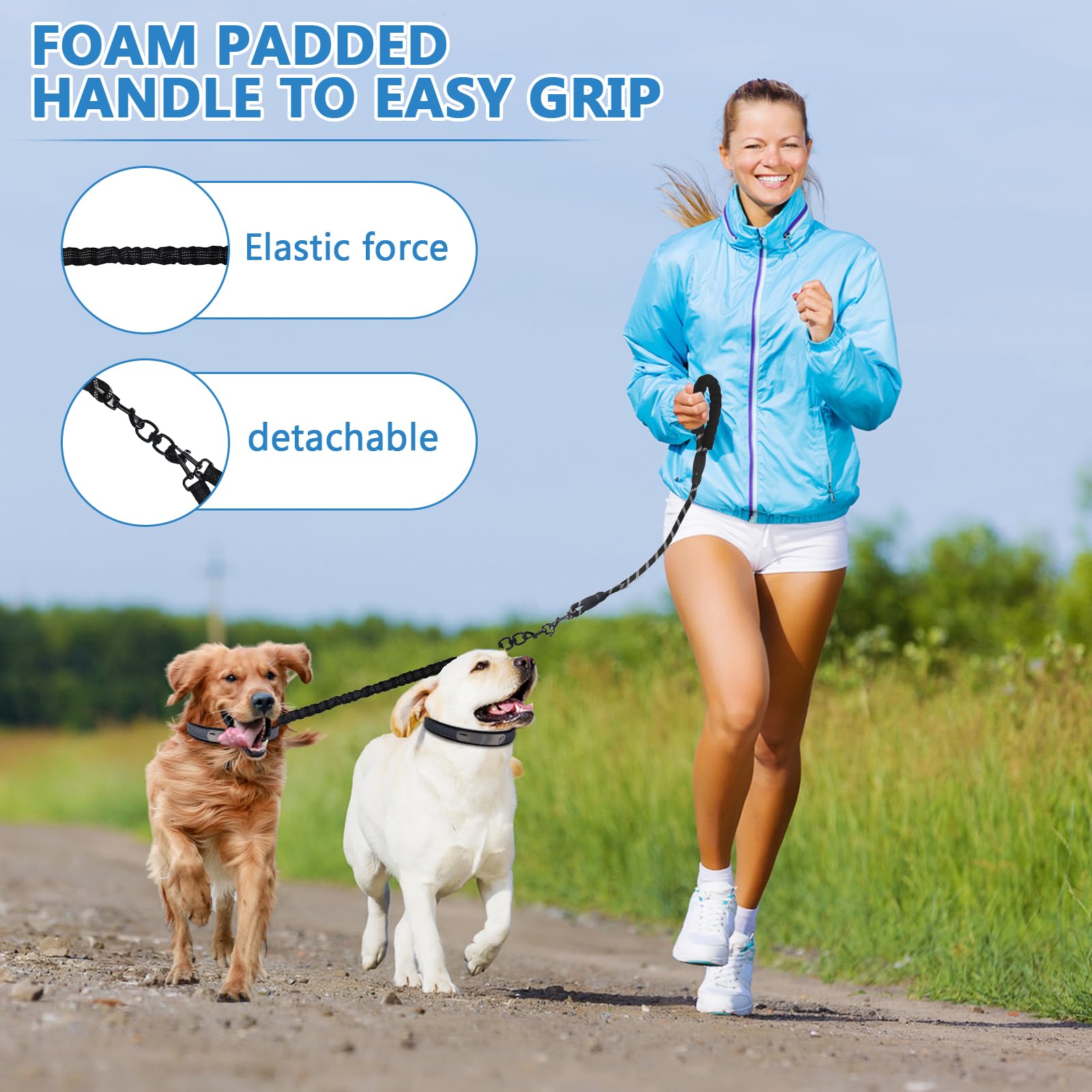 2 Way Dog Leash,No Tangle For Two Dogs, 3 In 1 Dog Leash With 360 Swivel, Shock Absorbing, Reflective Threads Comfort Foam Handl