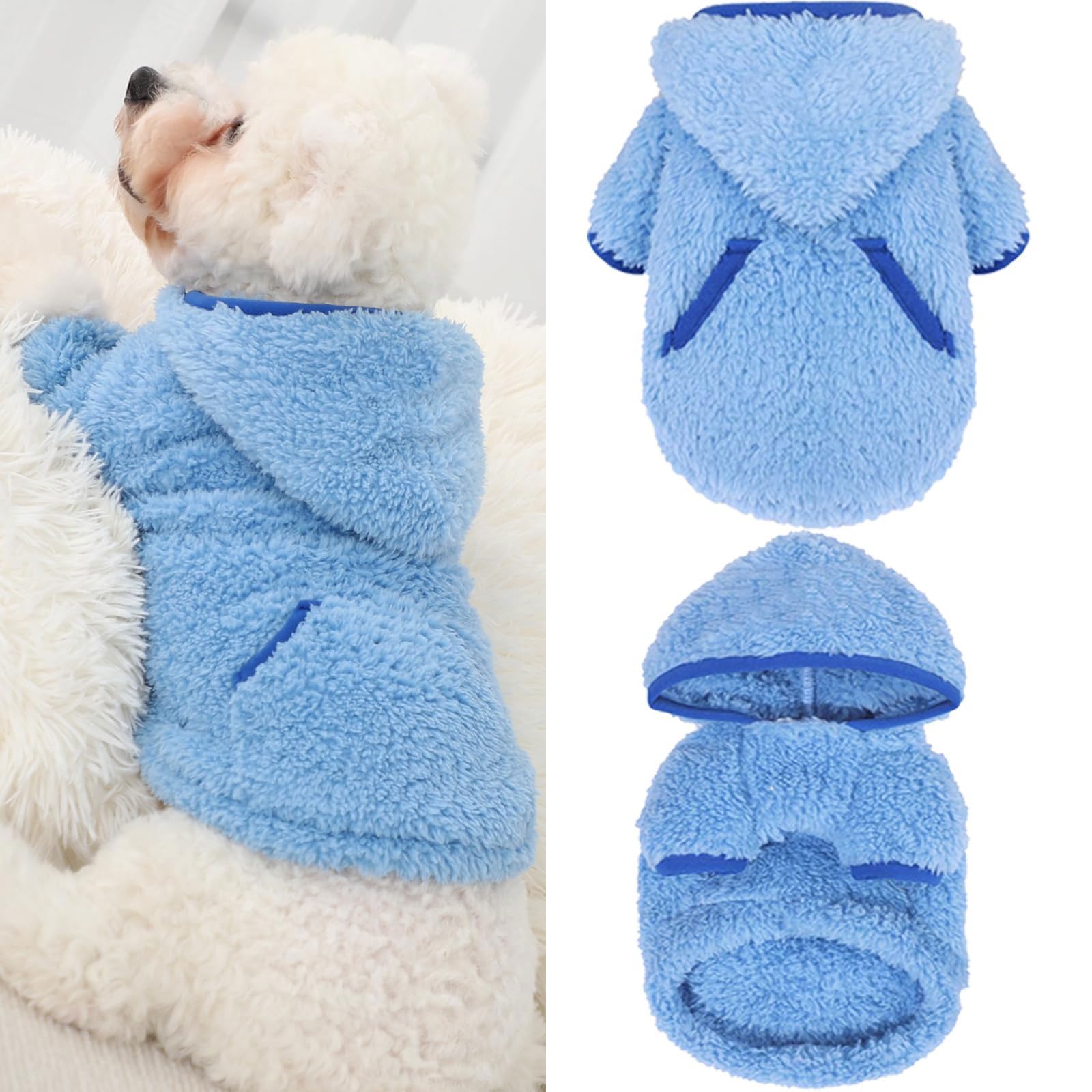 Fleece Dog Sweater Hoodie Sweatshirts Warm Fuzzy Velvet Sweaters Winter Clothes For Small Dogs Girl Boy Pet Coats Cat Apparel(Bl